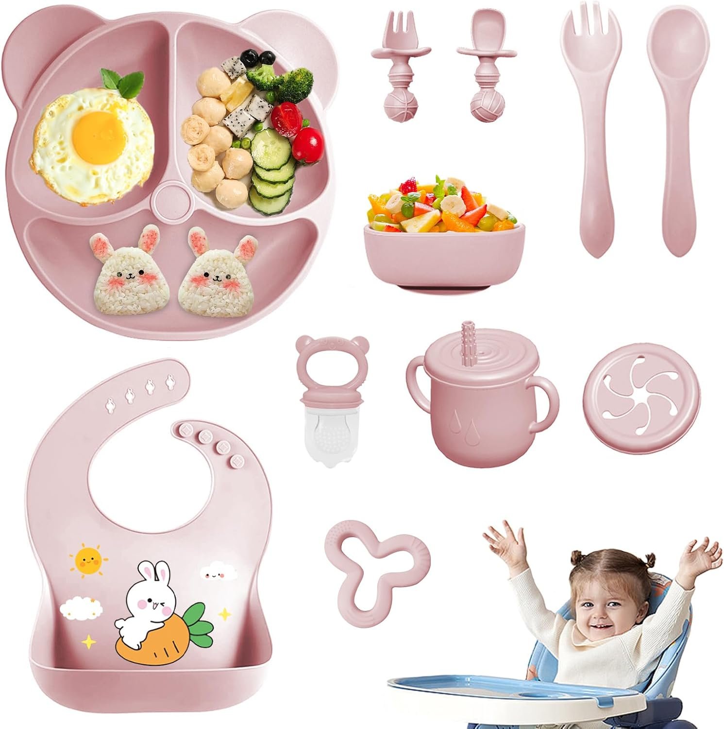 Silicone Baby Feeding Set, 11 Pcs Baby Led Weaning Supplies, Baby Spoons & Forks Suction Bowl Divided Plate Bib Cup, First Stage Solid Food Eating Utensils – 6+ Months (Pink)