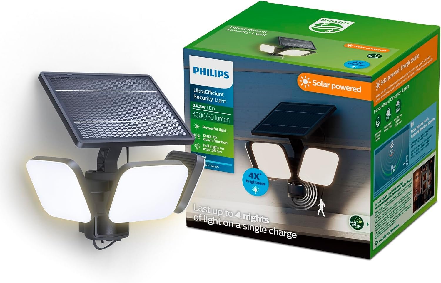 PHILIPS Zyren UltraEfficient Solar Security Light, IP65 Weather-Resistant, 4000 Lumens, Broad Range Motion Sensor, Dusk-to-Dawn Operation, Replaceable Battery, Black, 5000K, 1 Light