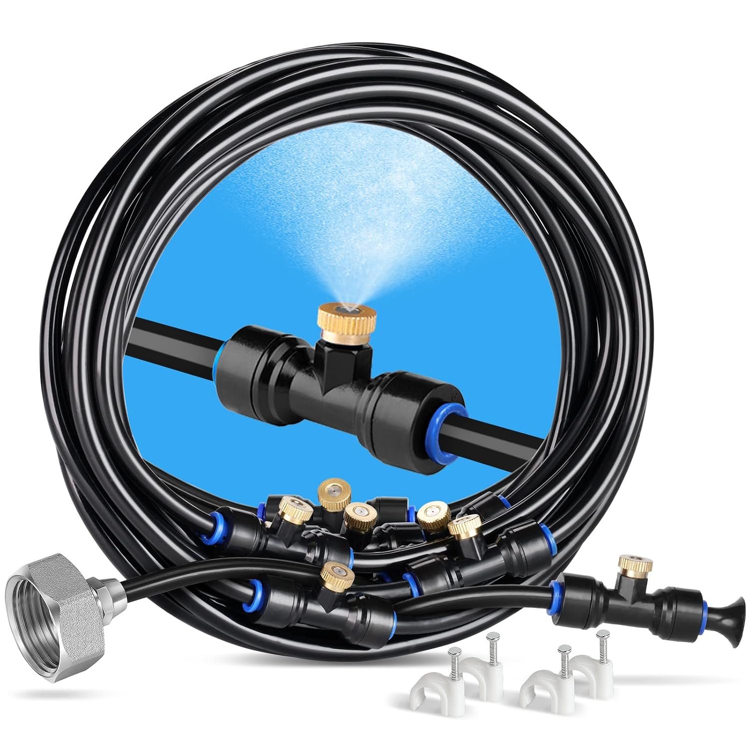 Misting Cooling System, 26FT (8M) Misting Line + 7 Brass Mist Nozzles + Brass Adapter(3/4″) Outdoor Mister for Patio Backyard Garden Greenhouse