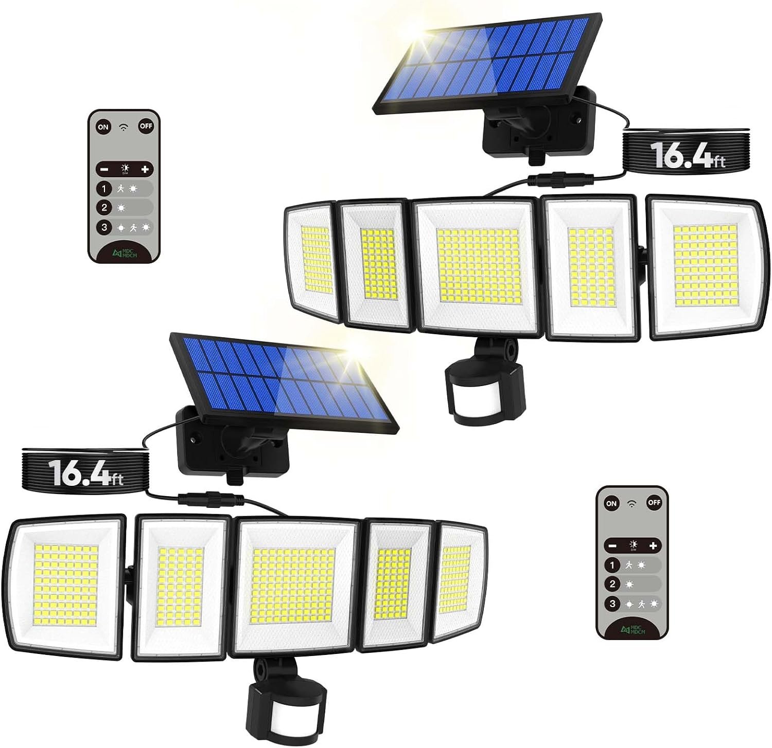 MDCMDCM Solar Motion Lights Outdoor – with 16.4ft Cable, 3000LM LED Security Lights for Outside Dusk to Dawn, IP65 Waterproof Flood Lights with Remote for Court Yard Garage Front Door