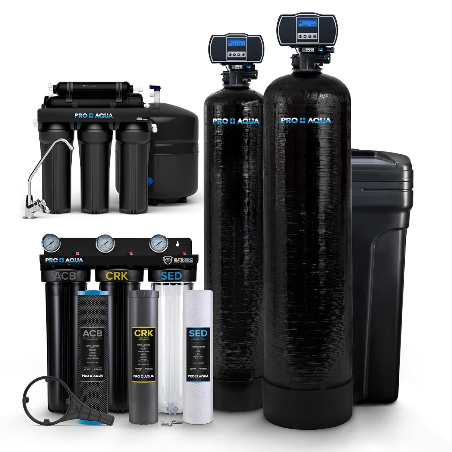 PRO+AQUA Elite 5-Stage Whole House Water Softener and Filter Bundle System for Well Water | Reduces Heavy Metals, Iron, Sulfur, Sediment, Chlorine, and More | Ideal for 3-4 Bathrooms (+ RO System)