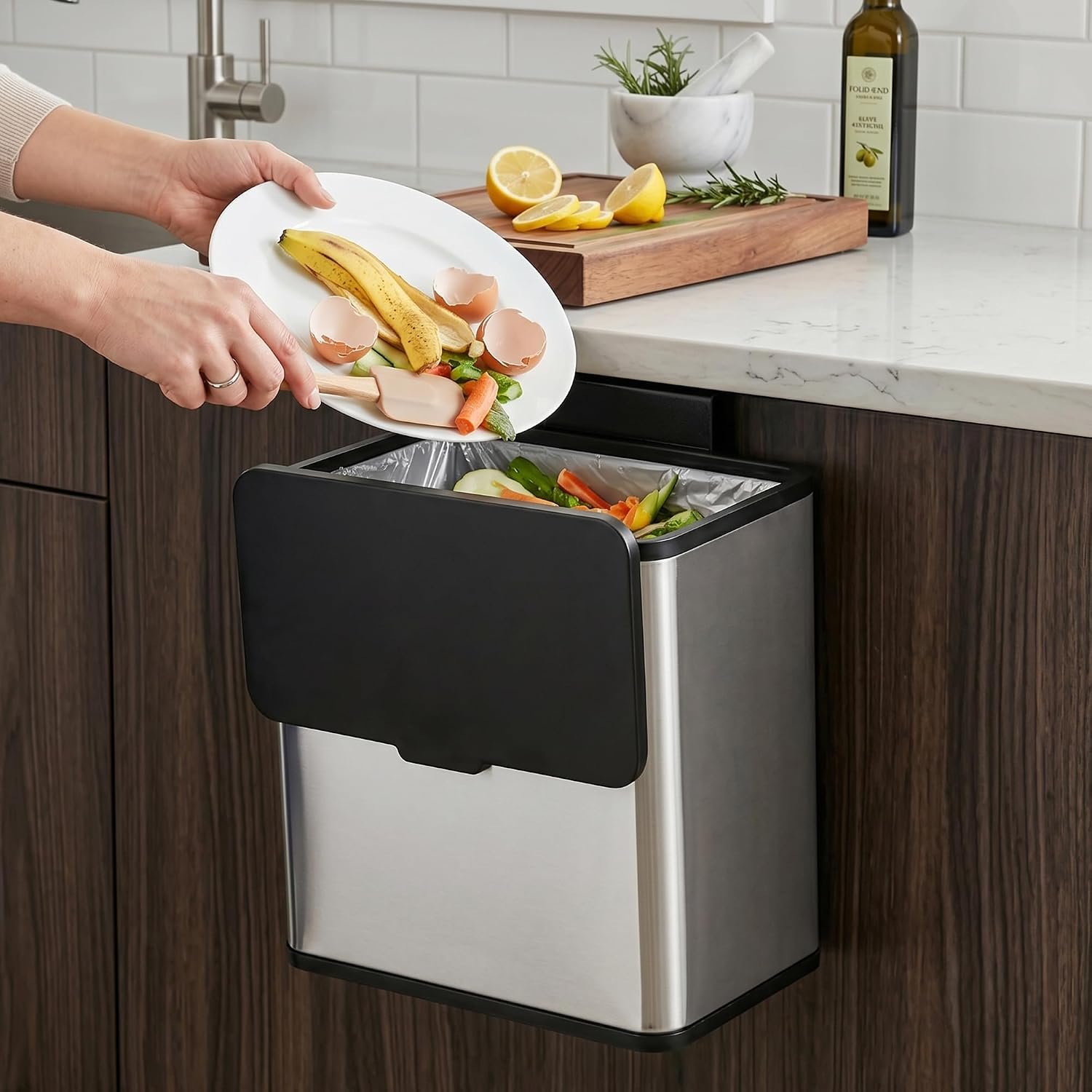 HOLDN’ STORAGE 6L Compost Bin Kitchen for Countertop, Hang-on Cabinet Door | Small Trash Can with Lid, Odor Control, Stainless Steel, Fingerprint-Resistant, for Bathroom, RV, Office