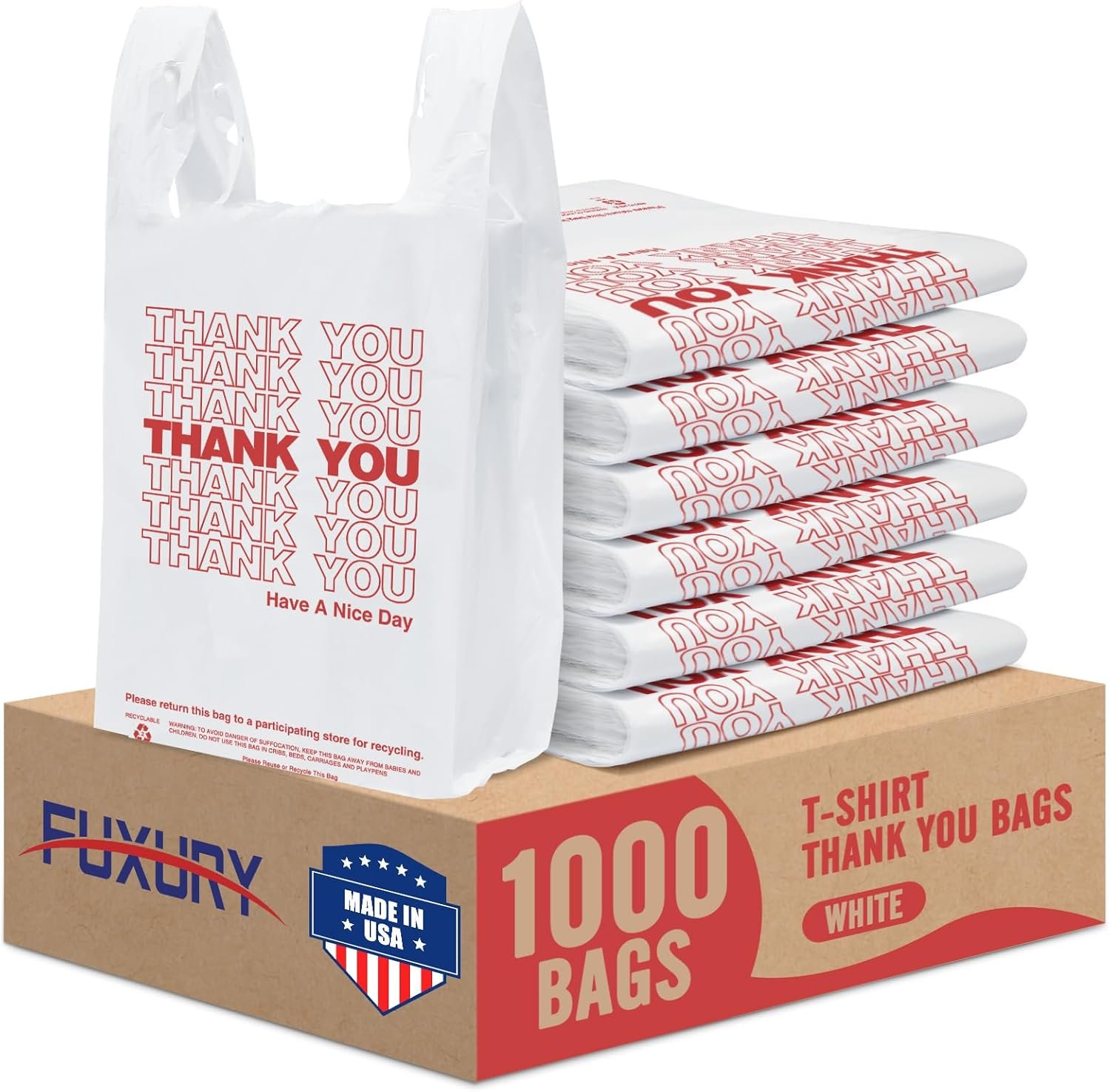 Fuxury Plastic Bags Thank You Shopping Grocery T-Shirt Bag with Handles | 1000 Count – 11.5 x 6.5 x 21″ Take Out, To Go, Retail, Restaurants, Store Bags for Small Business in Bulk White (Made in USA)