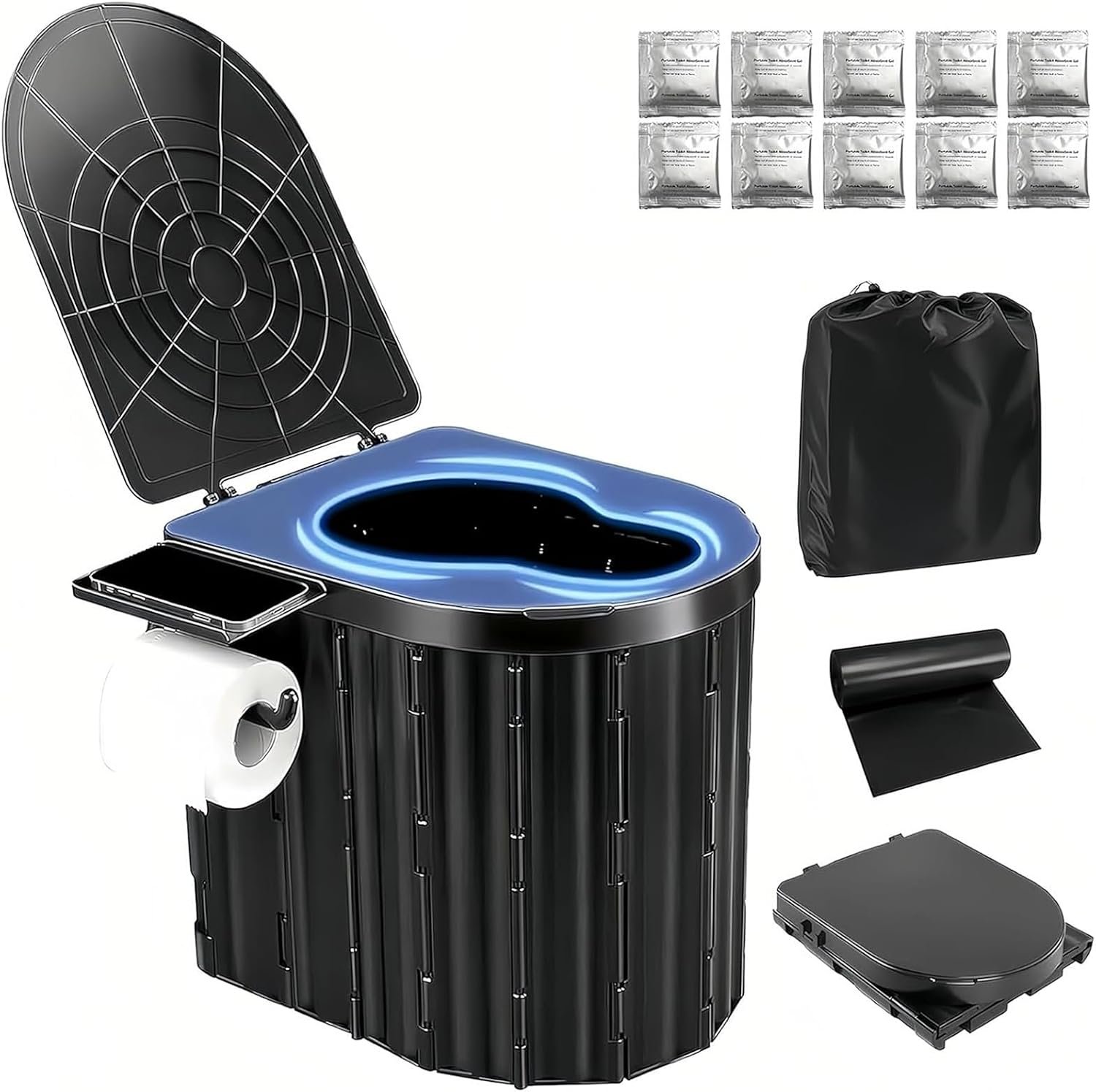 UOPBYEA Portable Camping Toilet for Adults With Urine Gel & Leak-Proof Bags | Washable, 12-Inch Extra Wide Seat, With Handle and Bracket, For Camping, Tent, Outdoor, Travel, RV, Car, Beach, Trucker, Boat