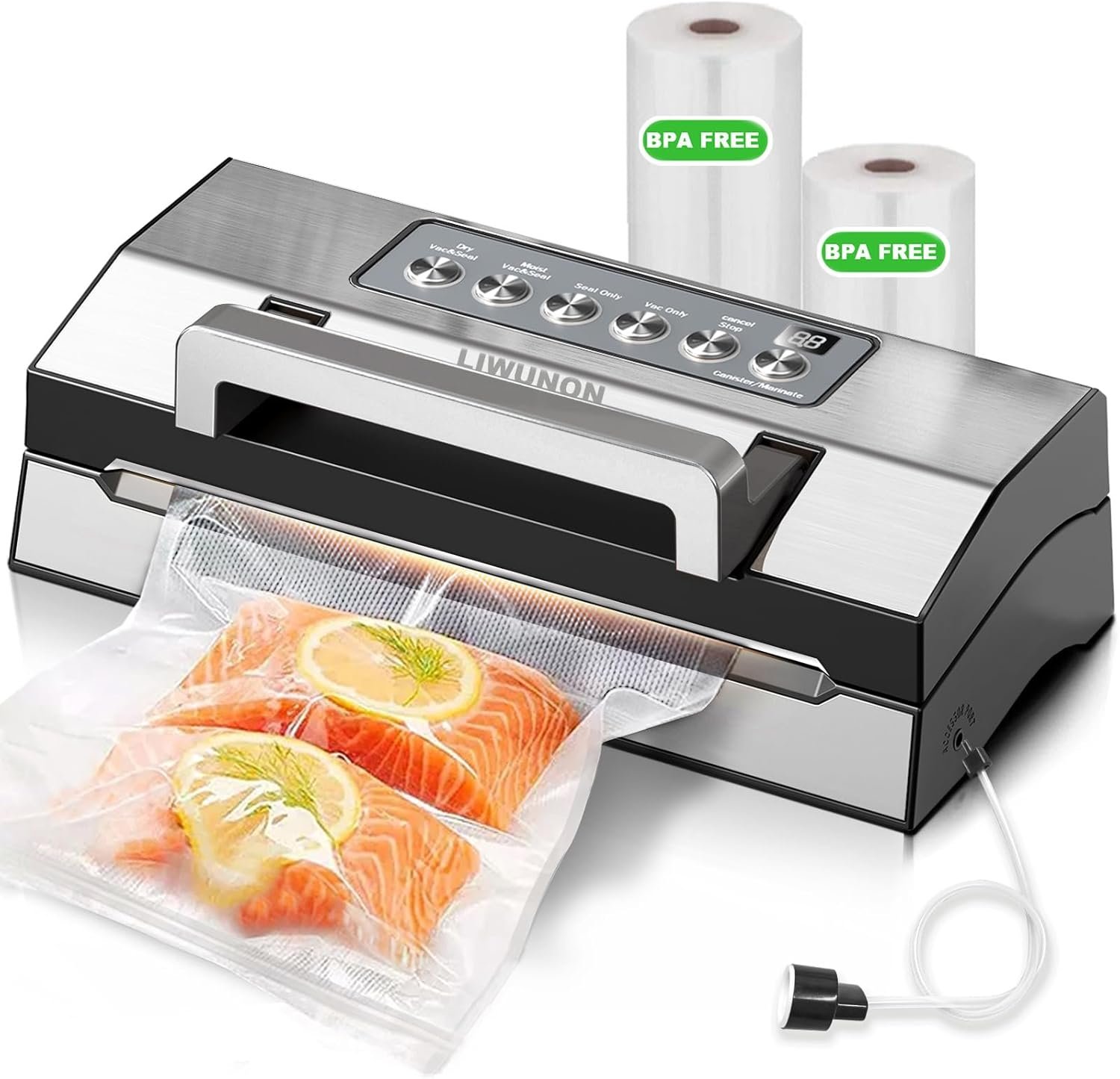 Precision Fast-Vacuum Sealer, LIWUNON Full Automatic Vacuum Sealer for Food, Double Heat Seal, MoistSeal Technology, Built-in Cutter & Bag Storage, Powerful Food Vacuum Saver Machine, 2 Bag Rolls&hose