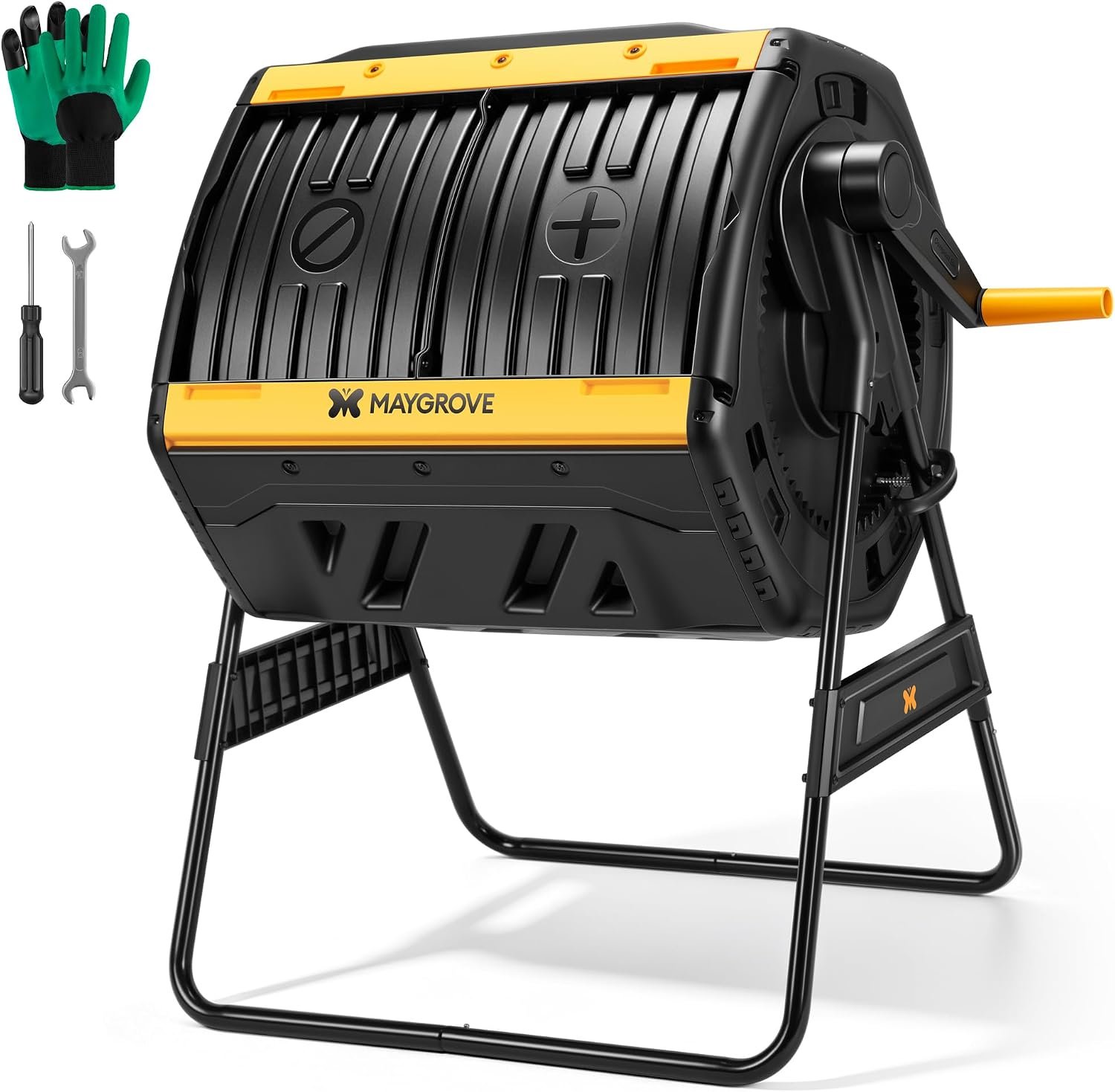 Outdoor Compost Bin 53 Gallon, Dual Chamber Large Compost Tumbler for Garden Backyard, with 360° Rotating, Sliding Doors & Solid Steel Frame, Updated Instructions
