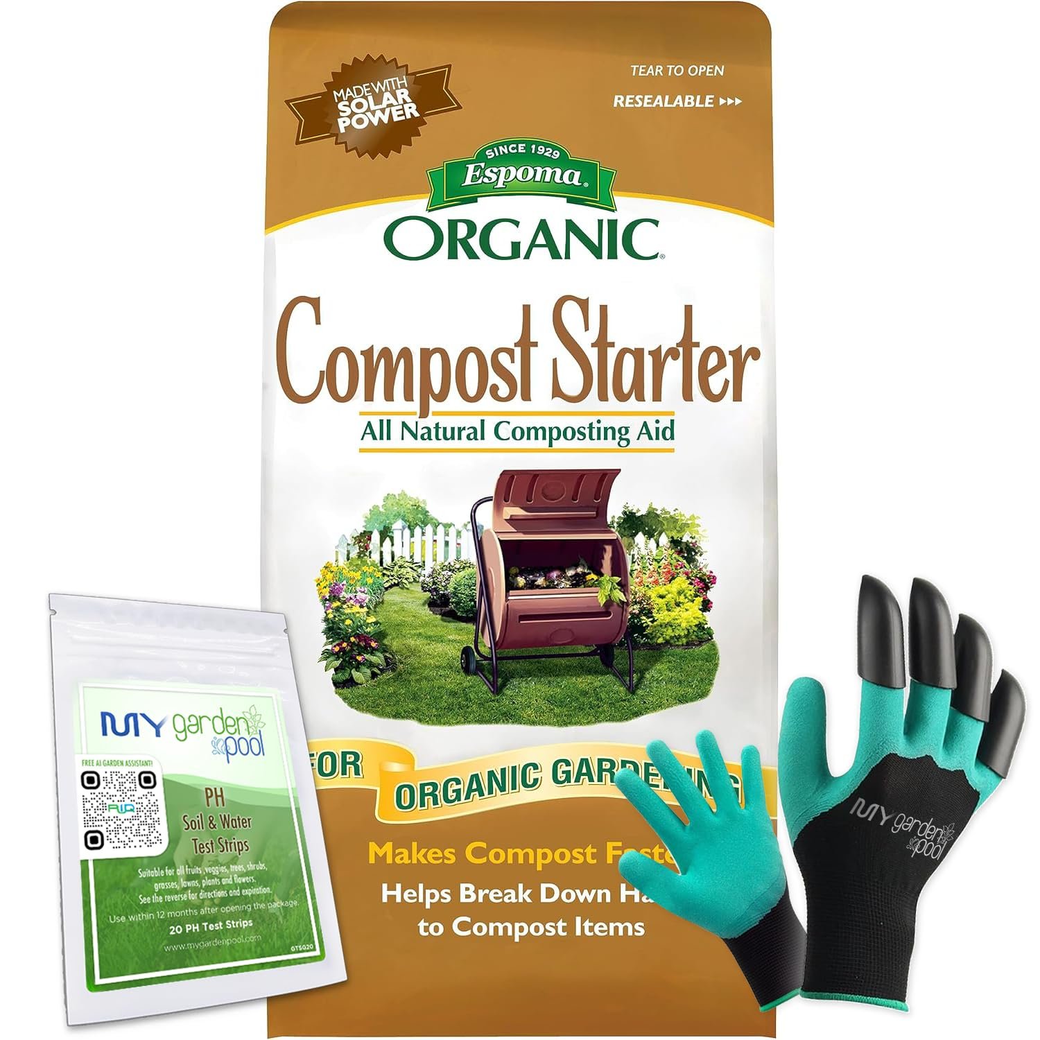 Espoma Compost Starter, Natural & Organic Composting Aid with My Garden Pool Soil PH Test Strips and Gardening Claw Gloves 4 LBS