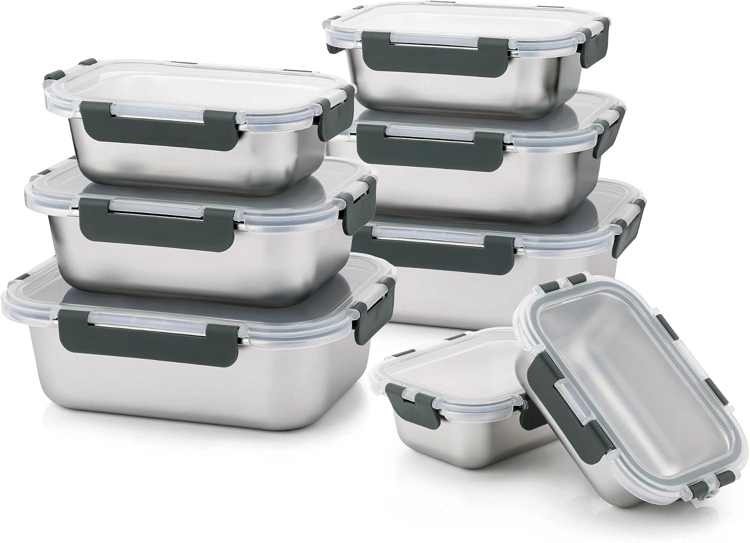 8 PCS Stainless Steel Lunch Box, 4-Size (58 /41 /24 /14Oz) Stackable Metal Bento Boxes BPA Free Dishwasher Safe, Food Storage Containers, Leakproof Reusable Meal Storage for Work,Travel (Gray)