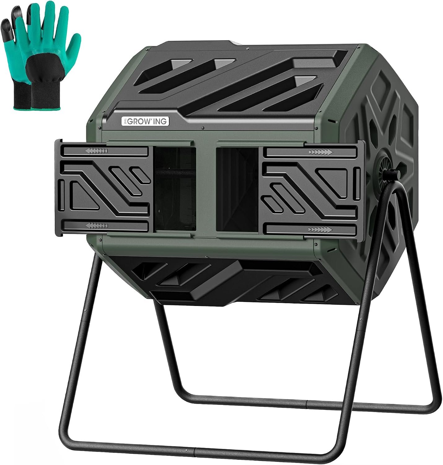 THE Growing 43 Gal Outdoor Compost Bin Tumbler for Backyard Garden, Green | Twin 21.5gal chambers match garden lawns. Pre-embedded nuts for fast setup. Durable resin deters pests and strong odors.
