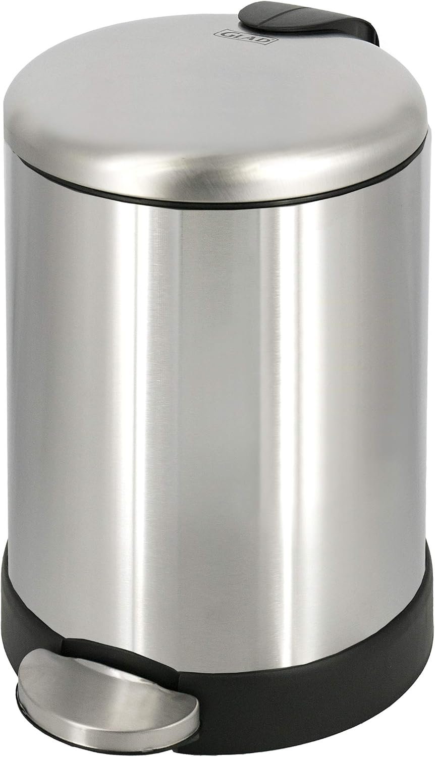 Glad Small Trash Can, 1.2 Gallon | Round Stainless Steel Garbage Bin with Soft Close Lid & Step Foot Pedal | Metal Waste Basket with Removable Inner Bucket, Stainless, 8 x 9.5 x 12 inches