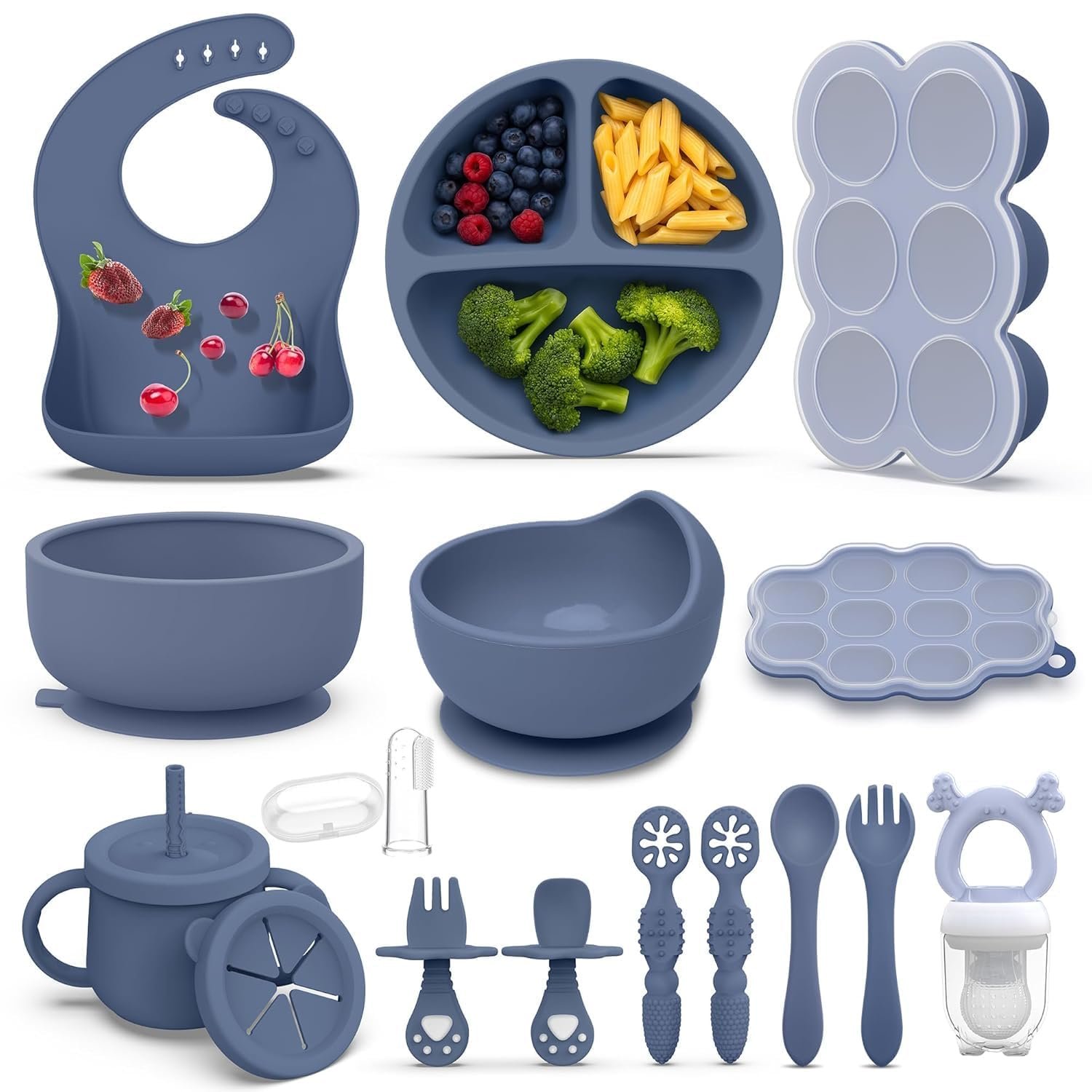16PCS Silicone Baby Feeding Set, All-in-One for Starting Solids | Fruit feeder and multi-size freezer tray, BPA-free, Suction bases, Dishwasher & microwave safe, 6 month+