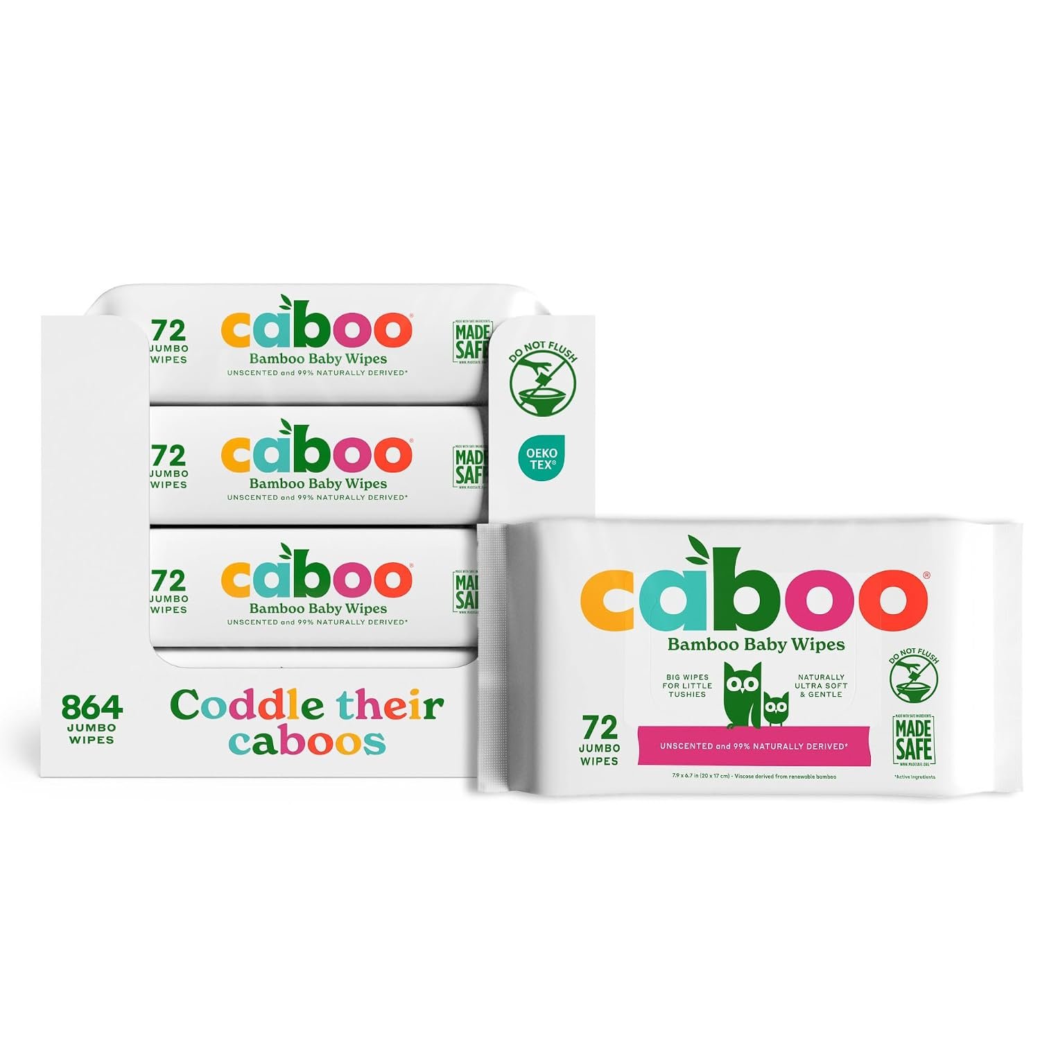 Caboo Tree Free Baby Wipes, Unscented, 72 Wipes Per Pack, 864 Total | Bamboo Viscose, Jumbo Size 7.9×6.7″, Certified Made Safe, Resealable Tab, Hypoallergenic, Great for Sensitive Skin