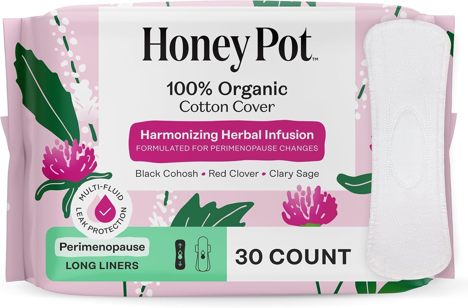 The Honey Pot Company – Perimenopause – Long Panty Liners for Women | Harmonizing Herbs of Black Cohosh, Clary Sage, & Red Clover – 100% Organic Cotton Cover – Feminine Care – 30ct