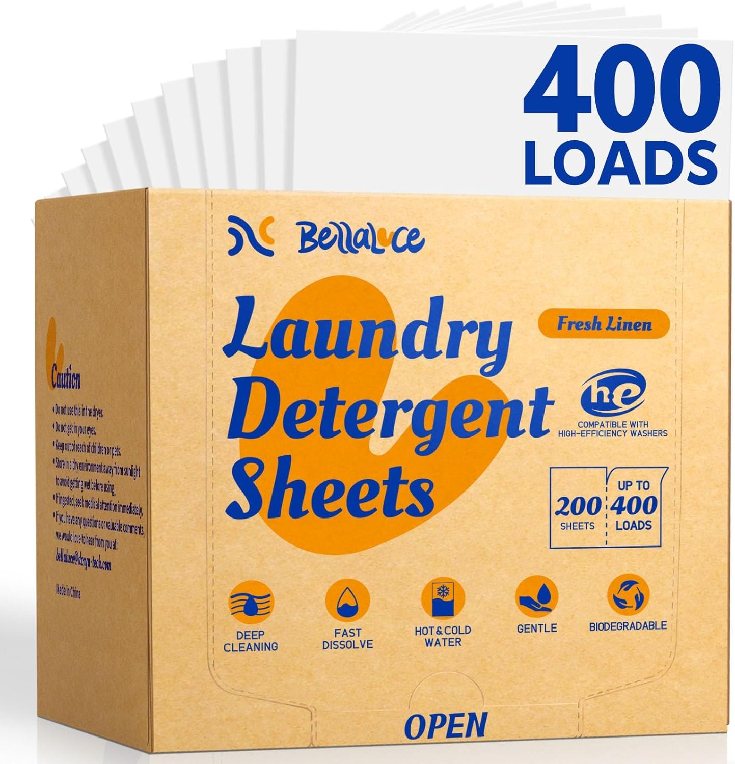 BellaLuce Laundry Detergent Sheets -Fresh Linen Scent, 400 Loads | Plastic-Free Laundry Detergent, Fast-Dissolving, Hypoallergenic Formula Laundry Sheets, Space-Saving for Home, Dorms & Travel