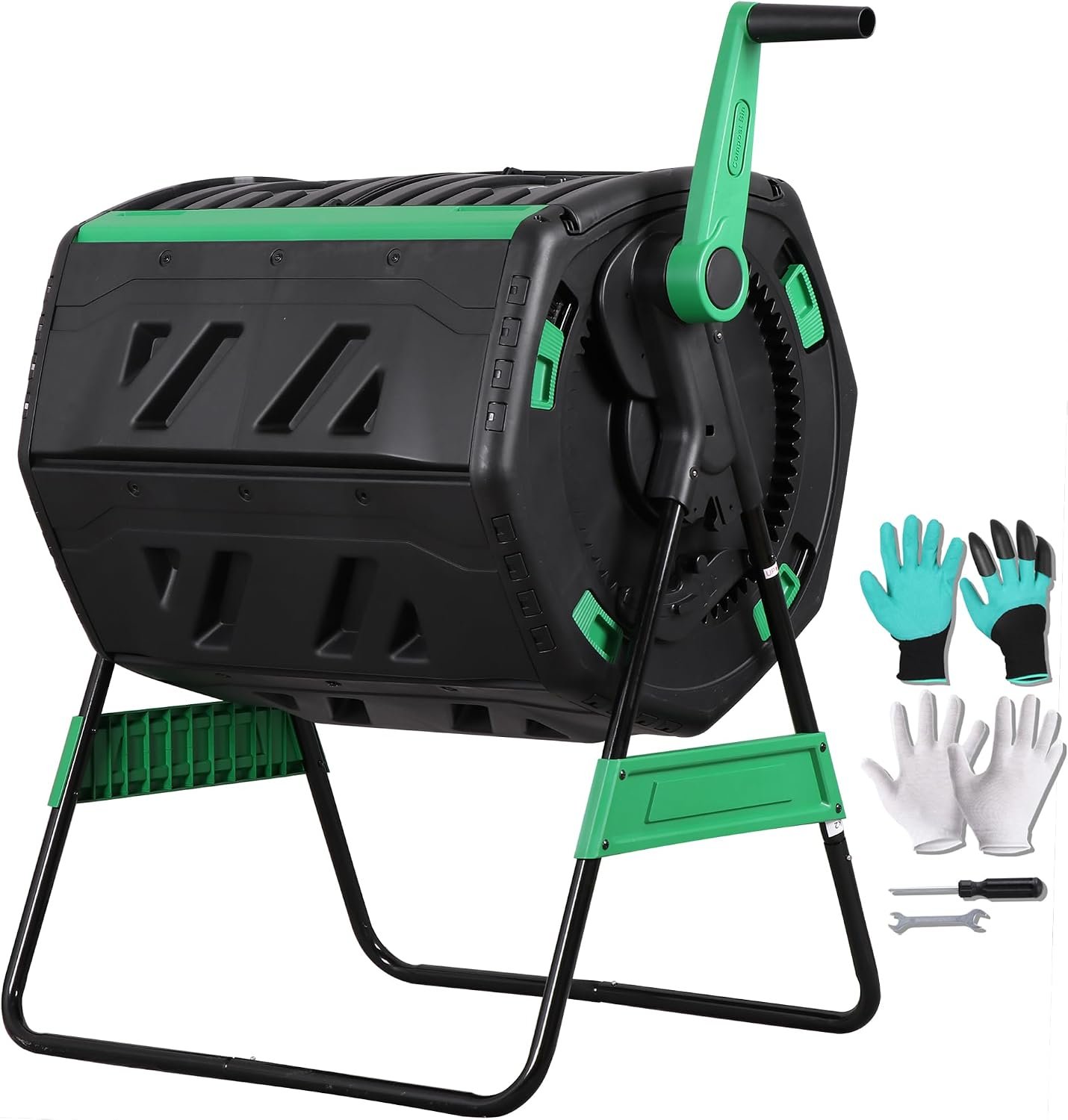 F2C 53-Gallon Dual Chamber Compost Tumbler, Outdoor Compost Bin with 360° Hand Crank & Adjustable Aeration, Includes Gloves & Tools, Sturdy Steel Frame, UV & Weather Resistant for Backyard Outdoor