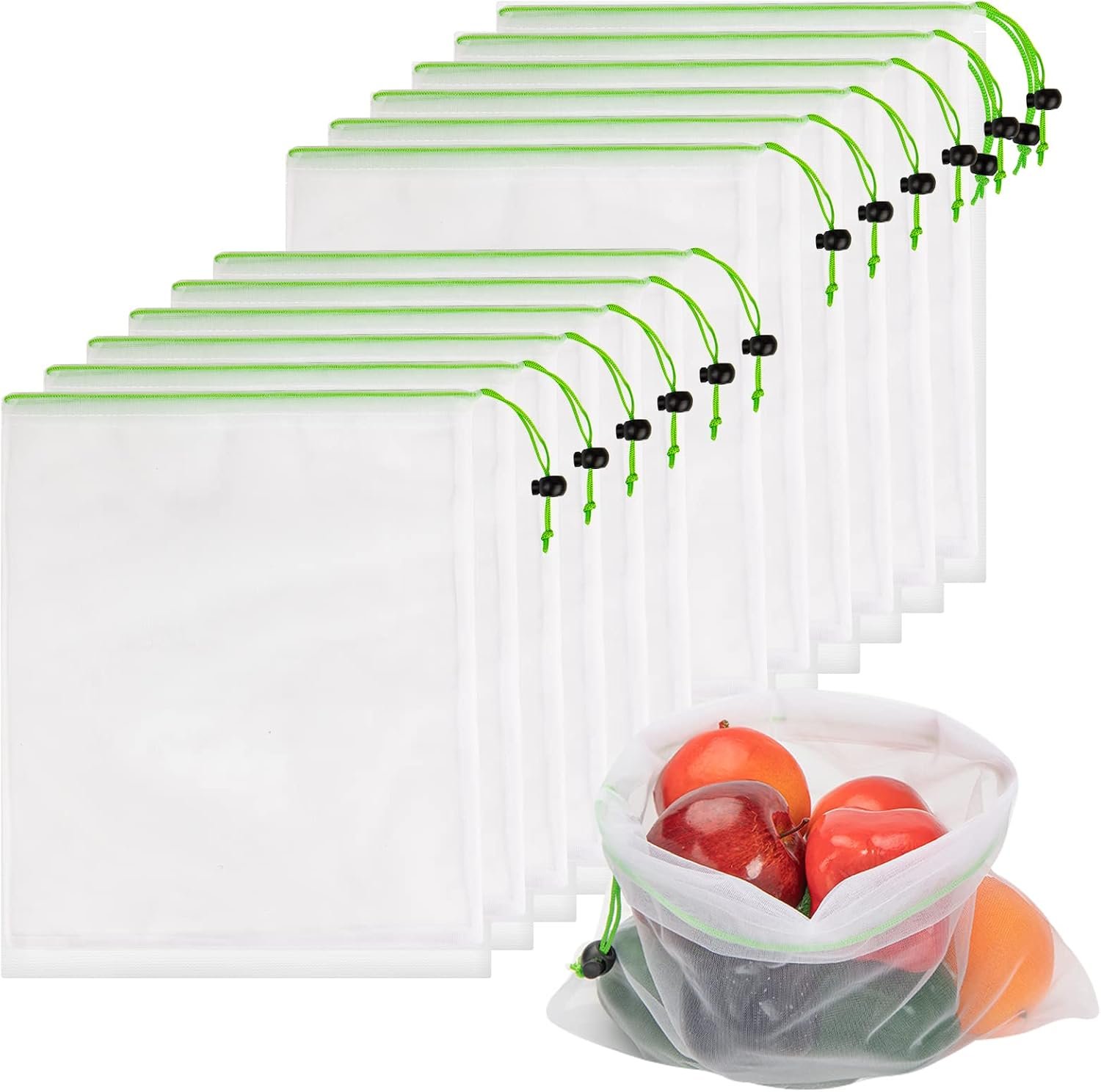 Set of 12 Reusable Mesh Produce Bags – Medium (12″x14″) – Green – Polyester – Washable – Drawstring Closure
