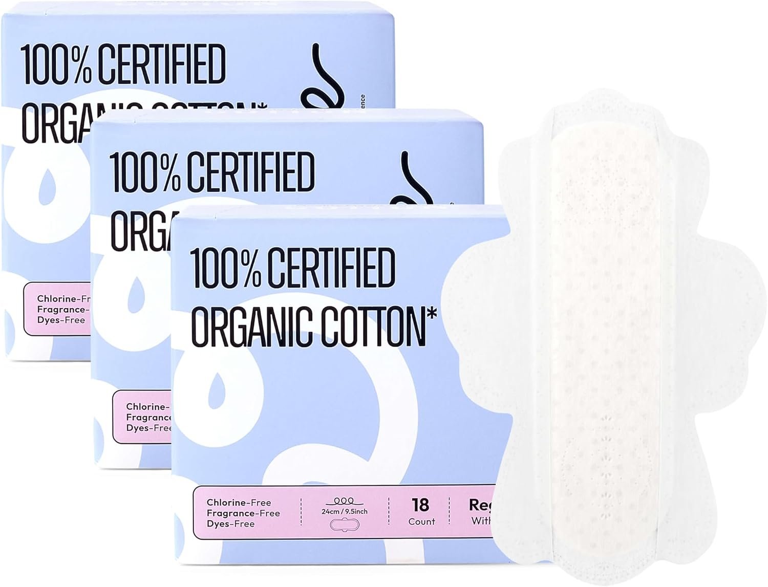 RPE Life 100% GOTS Organic Cotton Menstrual Pads with Wings, 54 Count | Bulk pack menstrual pads with wings; breathable, ultra thin comfort and reliable leak protection for sensitive skin.