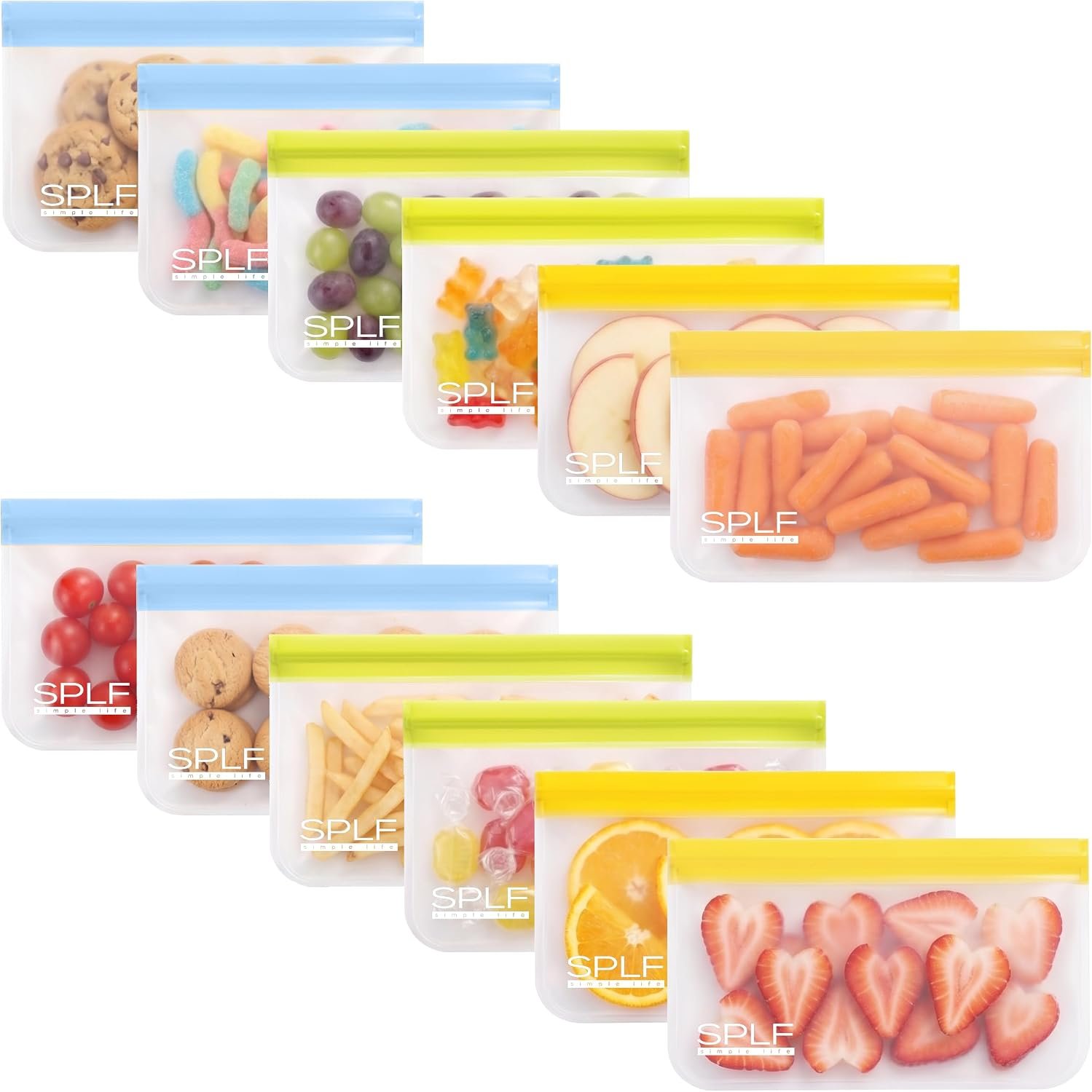 SPLF 12 Pack Dishwasher Safe Reusable Snack Bags | BPA Free Storage Bags, Extra Thick Leakproof Freezer Bags Silicone and Plastic Free Lunch Bags Food Storage
