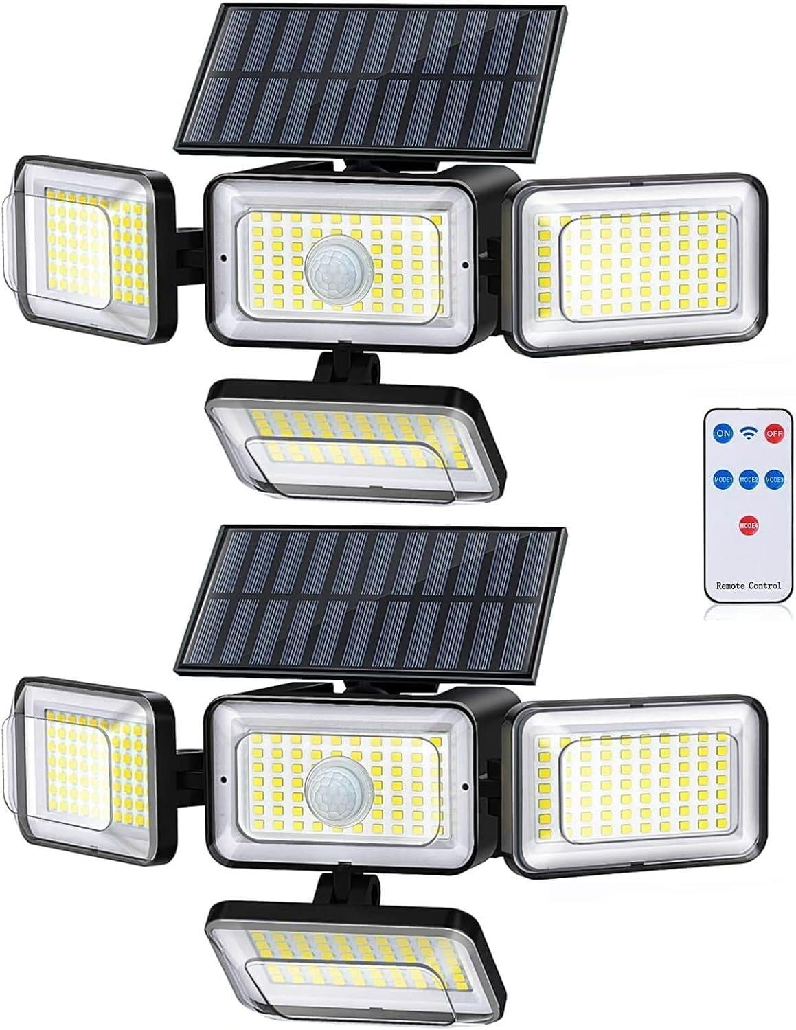 Solar Lights Outdoor Waterproof, 288 LED 2800LM Motion Sensor Outdoor Lights with Remote Control, 4 Head Solar Flood Lights Outdoor for Patio, Garage, Yard, Wall, IP65 Security Lights 2 Pack