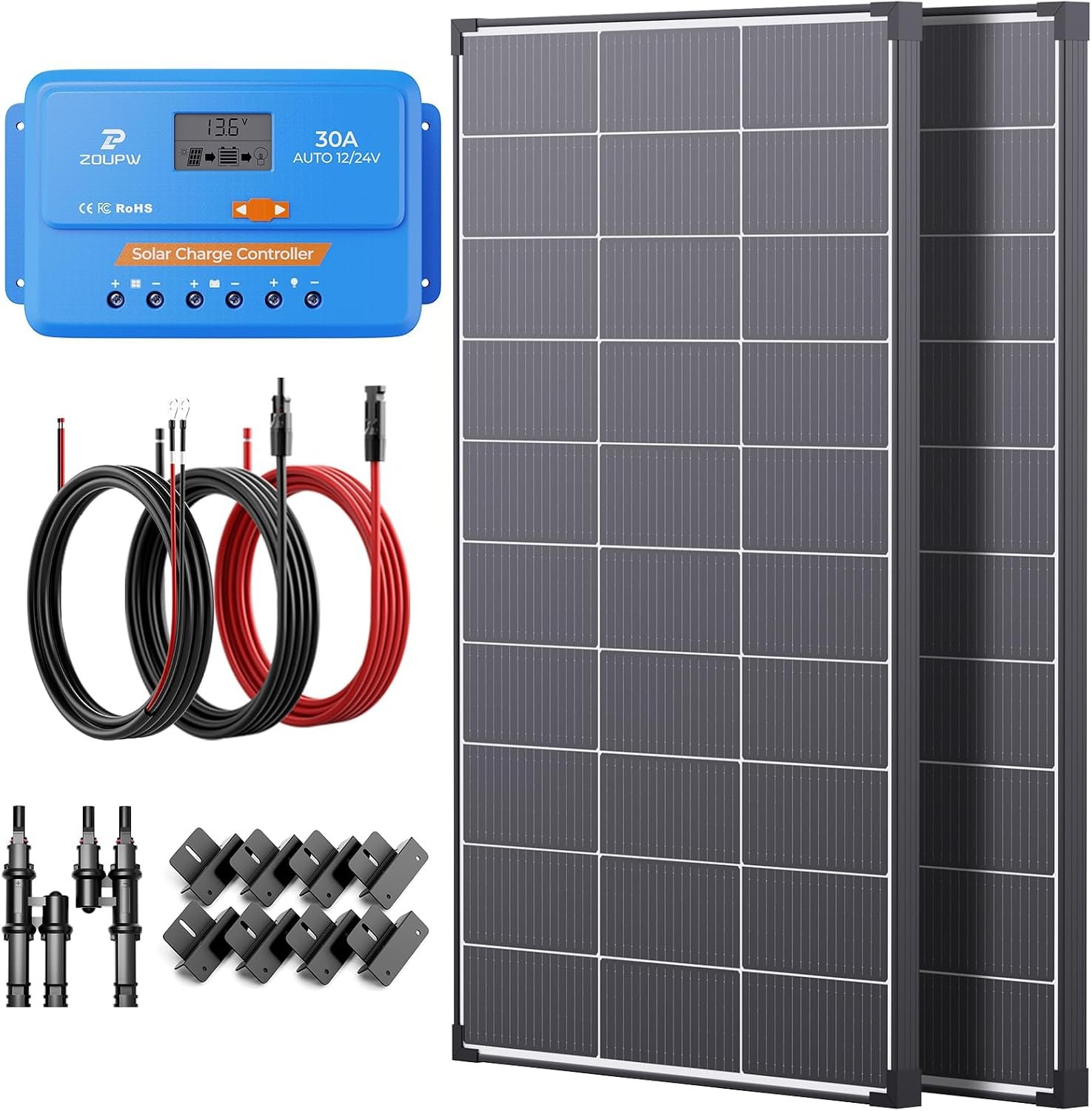 ZOUPW 220 Watt Solar Panel Kit for 12V/24V Battery, 2Pcs 110W 25.6% High-Efficiency Monocrystalline PV Module Power Charger with 30A LCD PWM Charge Controller for Off-Grid RV Marine Boat Rooftop Farm