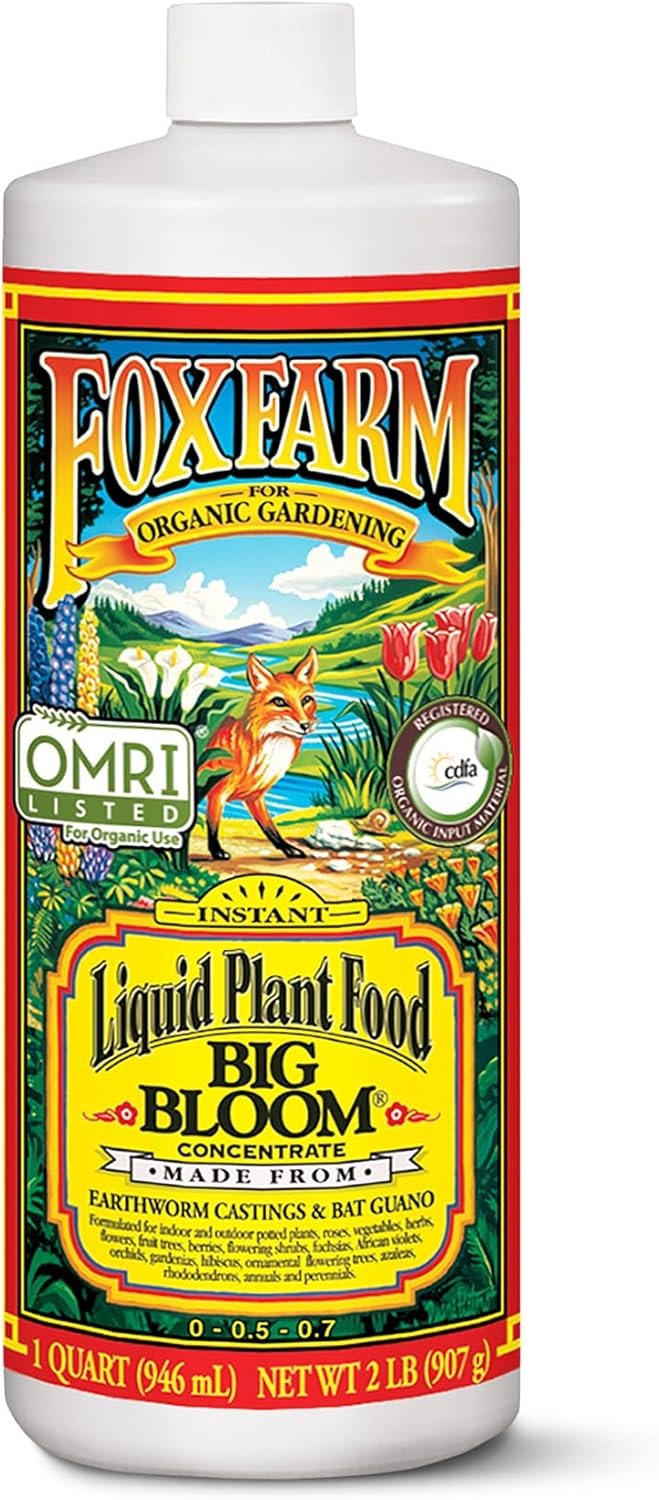 Fox Farm Big Bloom Liquid Plant Food – Organic Bloom Fertilizer for Flowering & Fruiting Plants, Contains Earthworm Castings & Bat Guano – Supports All Stages of Plant Growth – 0-0.5-0.7 NPK, 1 Quart
