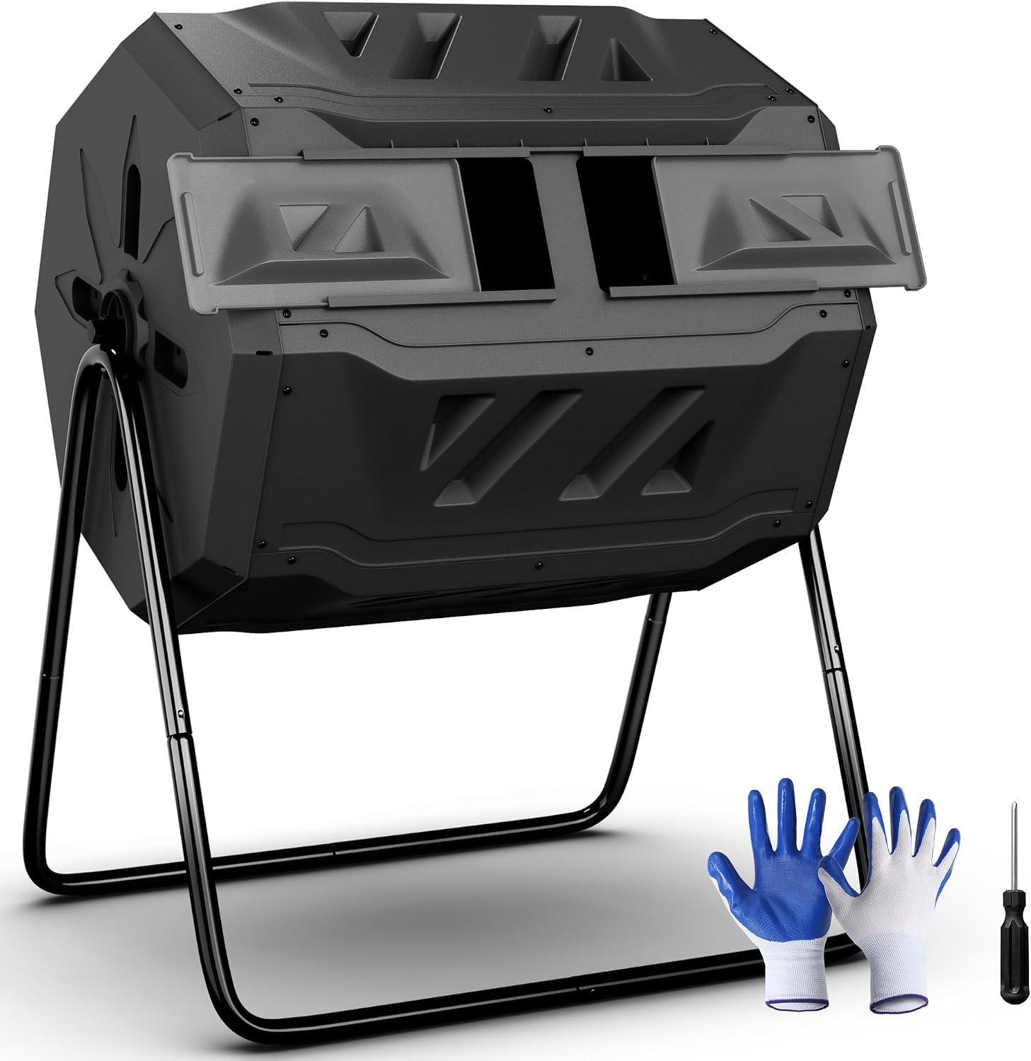 SUPER DEAL Outdoor Compost Tumbler, 43 Gallon Dual Chamber BPA Free Large Compost Bin 360° Rotating Tumbling Composter for Garden Yard, Black