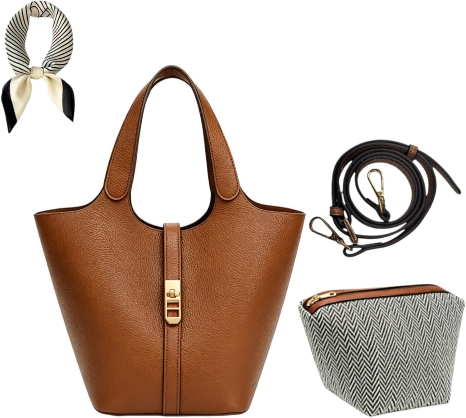 Women Vegan Leather Tote Bag Bucket Satchel Top Handle Handbag Shoulder Crossbody Purse with Detachable Pouch for Work Daily