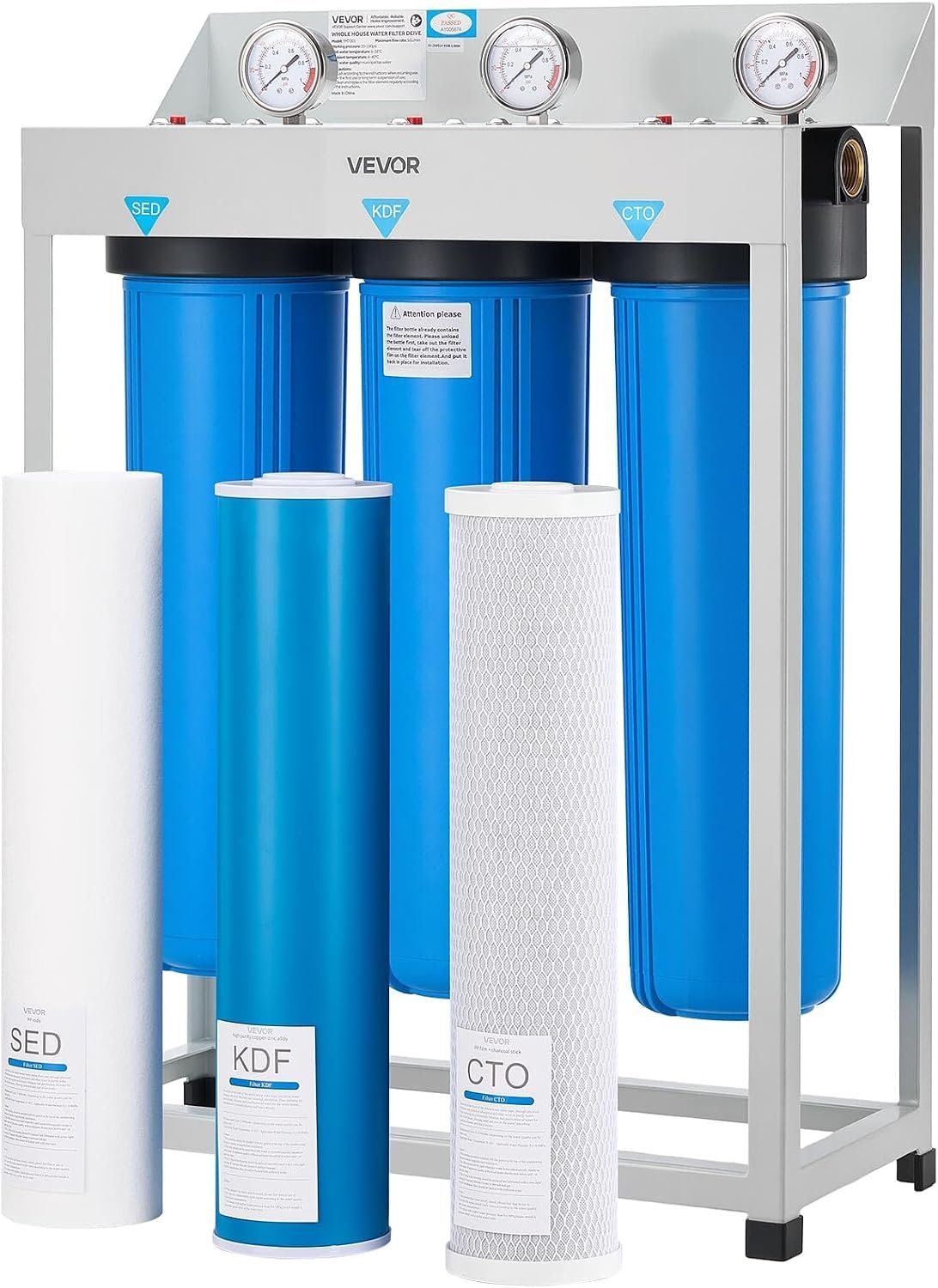 VEVOR Whole House Water Filter System, 3-Stage | Sediment, KDF, CTO | 4.5″ x 20″ Home Water Purifier Filter Reduce Heavy Metal, Lead, Mercury, Chlorine, Bad Taste, Odor, Rust
