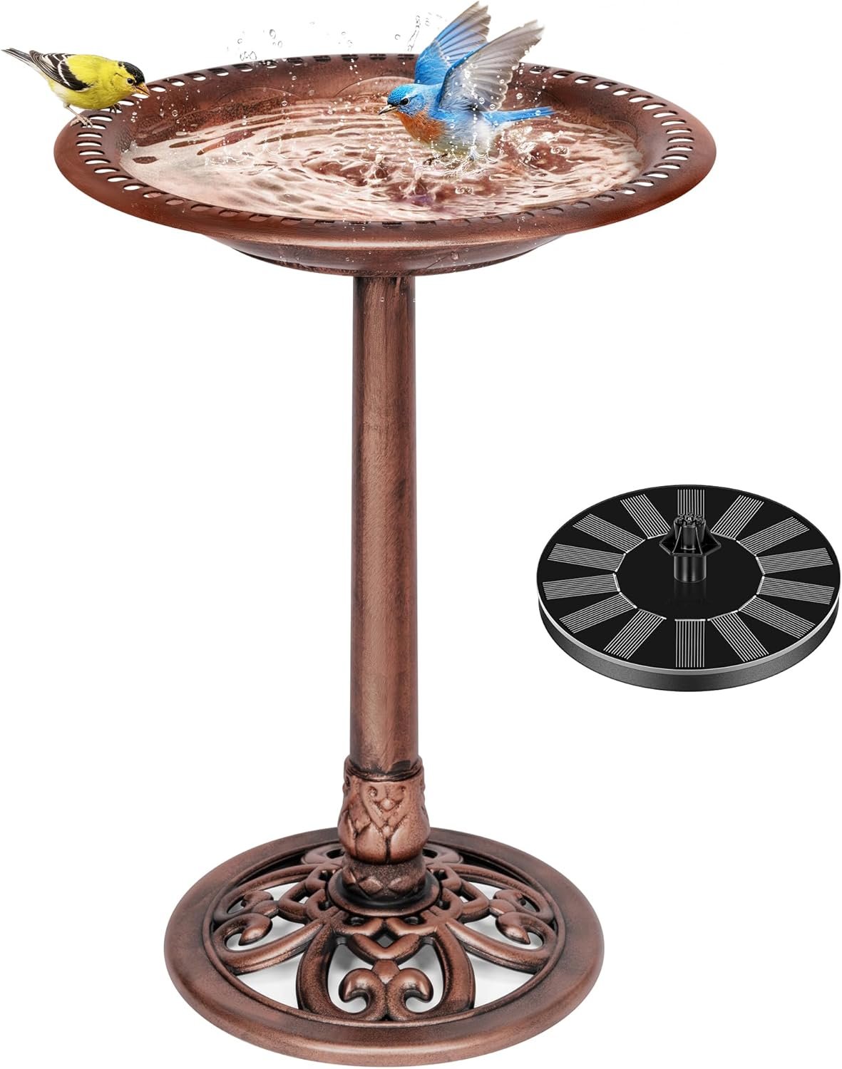 VIVOHOME Bird Bath with Solar Fountain for Outside, Pedestal, Bronze | Solar-Powered Pump, Weather-Resistant Polyresin, 20-Inch Bowl, for Outdoor/Garden, Bird-Friendly, Easy to Clean
