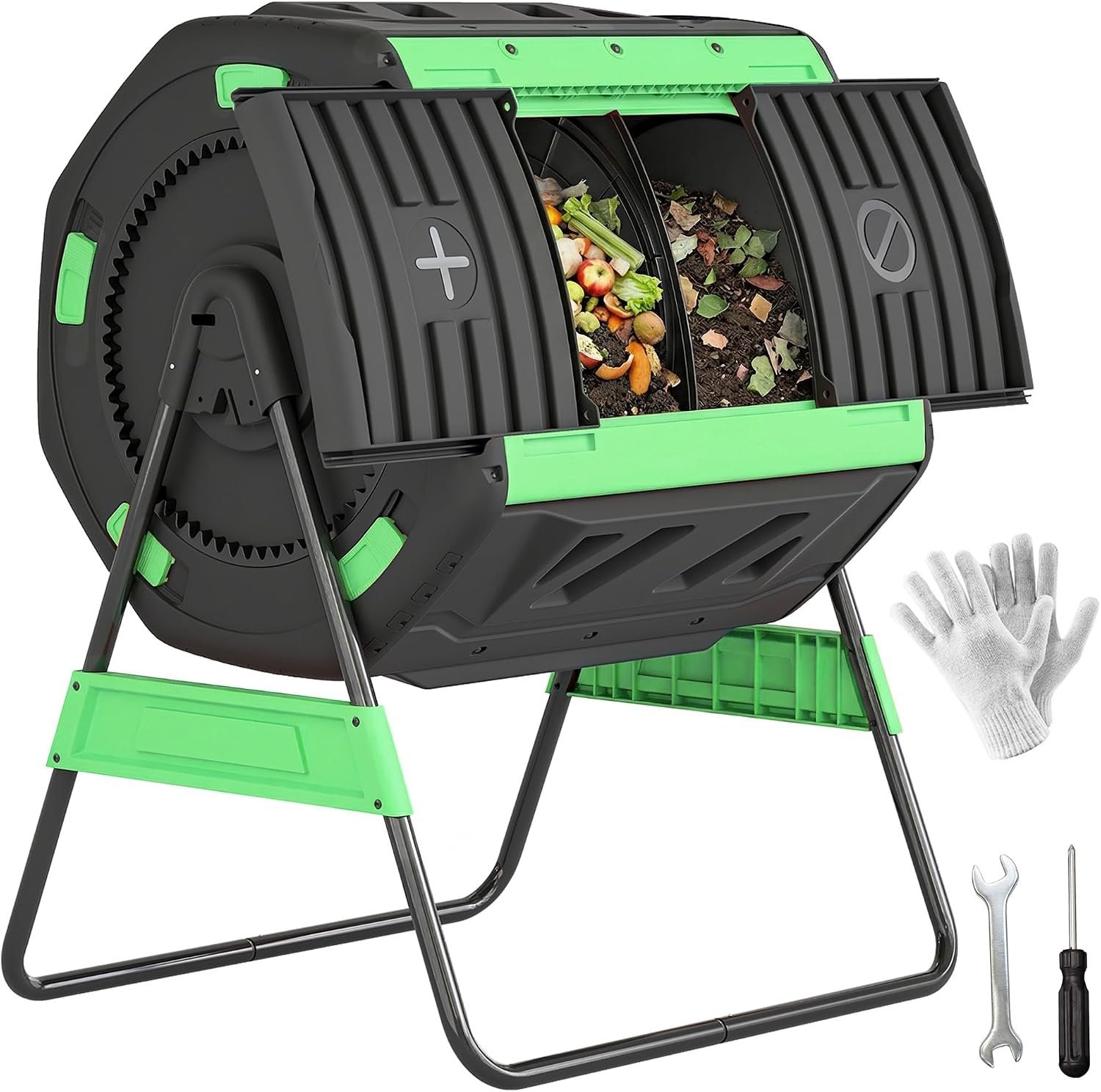 Outsunny Compost Bin Outdoor, 53 Gal Dual Chamber Compost Tumbler, Green | 8 Adjustable Vents, BPA Free, Rotating Tumbling Composter, 2 Sliding Doors, Metal Frame, for Kitchen Garden Yard