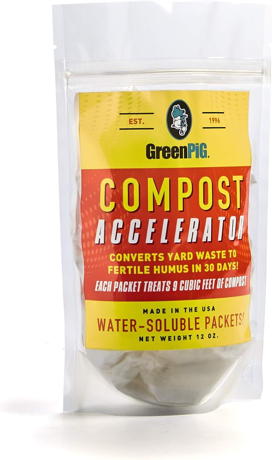 GREEN PIG Compost Accelerator Converts Yard Waste to Fertile Humus in 30 Days and Helps Control Odors Associated with Compost Piles, 1 Bag (12 Dissolvable Packets) | Converts Yard Waste to Fertile Humus in 30 Days, Helps Control Odors Associated with Compost Piles