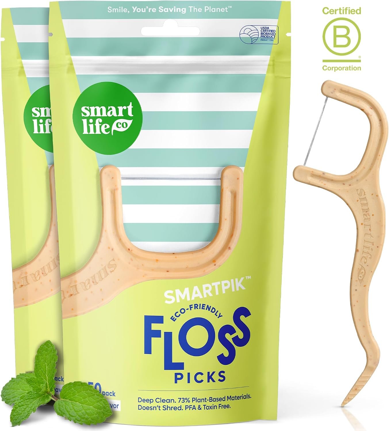 SmartLifeco Eco-Friendly Dental Floss Picks (100ct) – Flossers Made with Straw Wheat Blend, Superior Anti-Shred Thread for Tight Gaps, Tooth Pick Stick for Adults, Soft on Gum & Teeth, Vegan, Mint