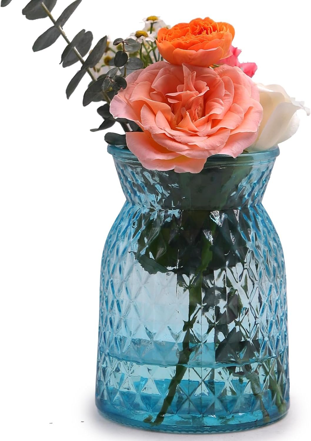 Glass Vase, 6.2*3.5in Blue Large Mouth Geometric Decor Flower Vase | Decorative Modern Glass Vase, Geometric Faceted Design, Wide Mouth Vase for Centerpieces Weddings Office Housewarming Gift