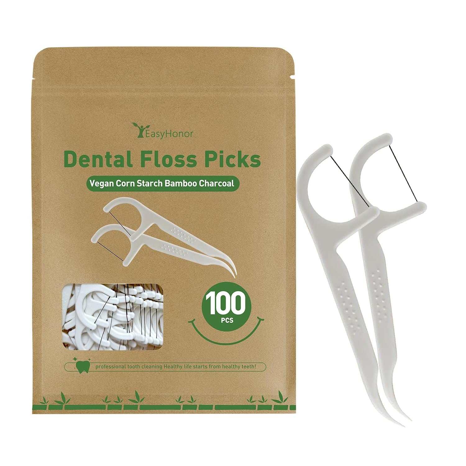 EasyHonor Biodegradable Dental Floss Picks – Natural Plant-Based Floss Sticks with Strong Bamboo Charcoal Thread & Vegan Corn Starch Handle.(100PCS)