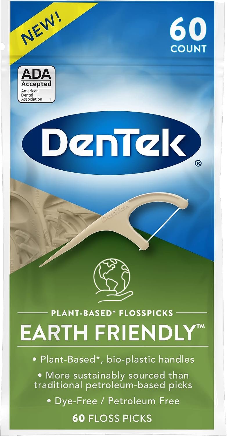 DenTek Floss Picks, Earth-Friendly, Food & Plaque Remover, 60 Count | Dental Floss Picks, With Organic Plant-Based Bio-Plastic Handles, Lasting Fresh Breath, For Tight Spaces, Mint Flavored