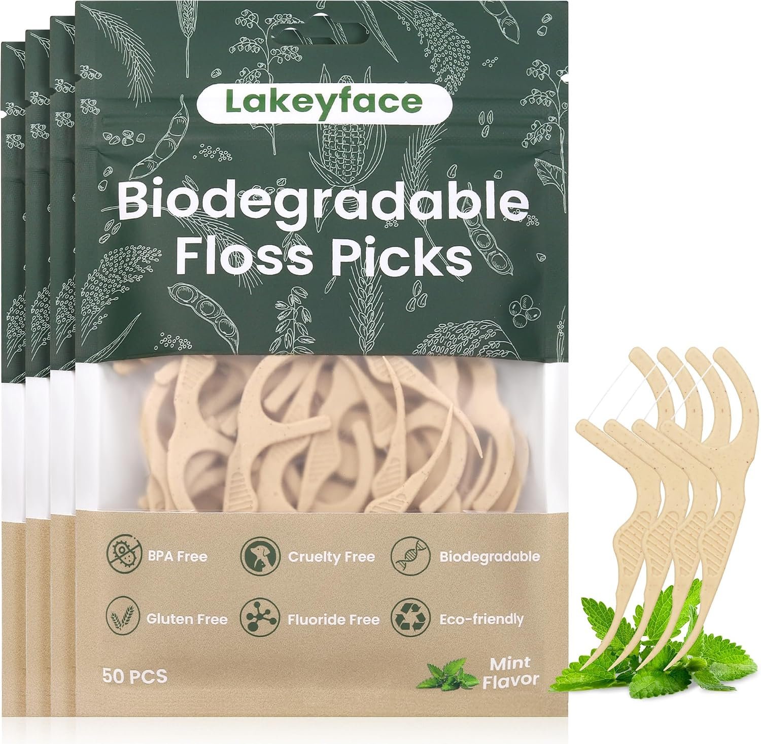 200 Count Biodegradable Dental Floss Picks, Eco Friendly Plant-Based Tooth Flossers for adults, Tear-Resistant Floss Sticks with Wide Handles, Vegan & BPA Free Dental Floss for Natural Oral Care, Mint