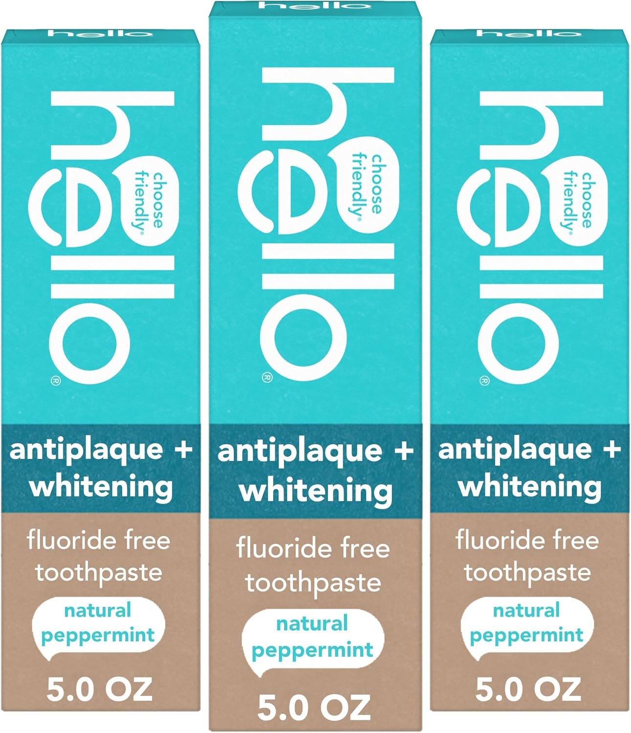 Hello Antiplaque and Whitening Fluoride Free Toothpaste, 5 Oz Tube, Whitening Toothpaste with Natural Peppermint Flavor and Tea Tree Oil, Crushes Tartar and Helps Remove Surface Stains, 3 Pack | Natural Peppermint Flavor, Whitens Teeth, Removes Plaque, No SLS, Peroxide, Artificial Flavors, Dyes, Sweeteners, or Flavors