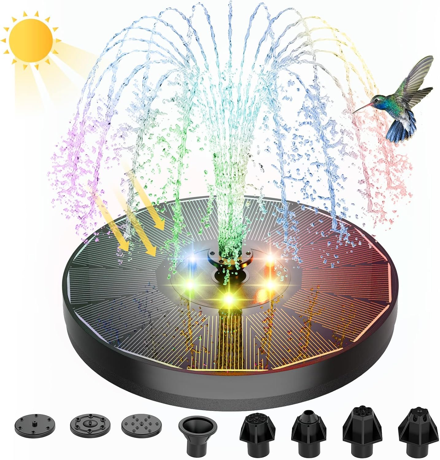 Solar Powered Fountain 4W Bird Bath Fountains Pump Upgraded Glass Panel Fountains with Color LED Lights 7 Nozzles & 4 Fixers for Garden Small Pond Outdoor Swimming Pool Fish Tank