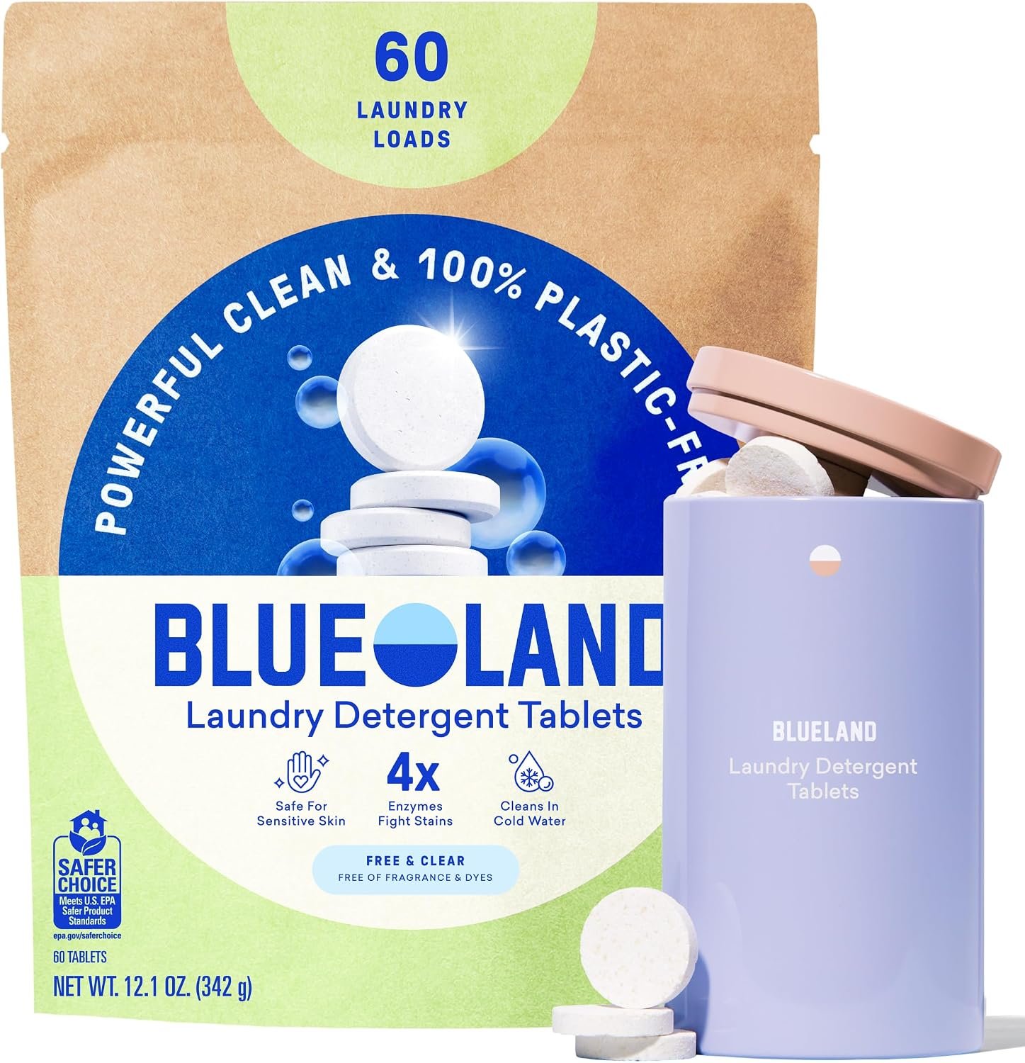 BLUELAND 100% Plastic-Free Laundry Detergent Tablets Set, Free & Clear | Lifts Tough Stains and Odors, Safe for Sensitive Skin, Eco-Friendly Alternative to Pods, Sheets & Liquid, Septic Safe