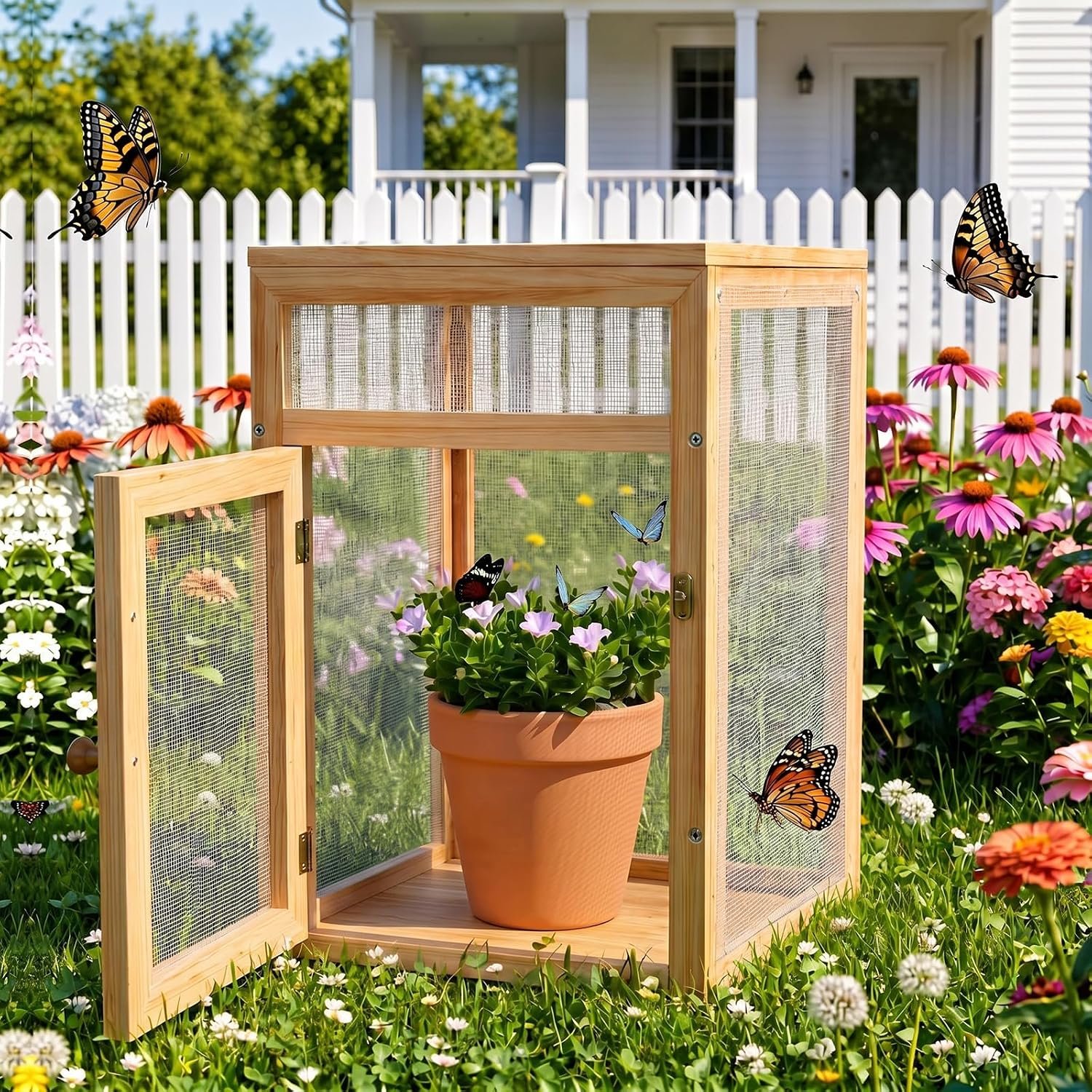 Wooden Butterfly Habitat Cage Kit Monarch Caterpillar Enclosure with Mesh Tent & Wood Frame, Detachable Insect Observation House for Kids Outdoor Garden(15.7″)