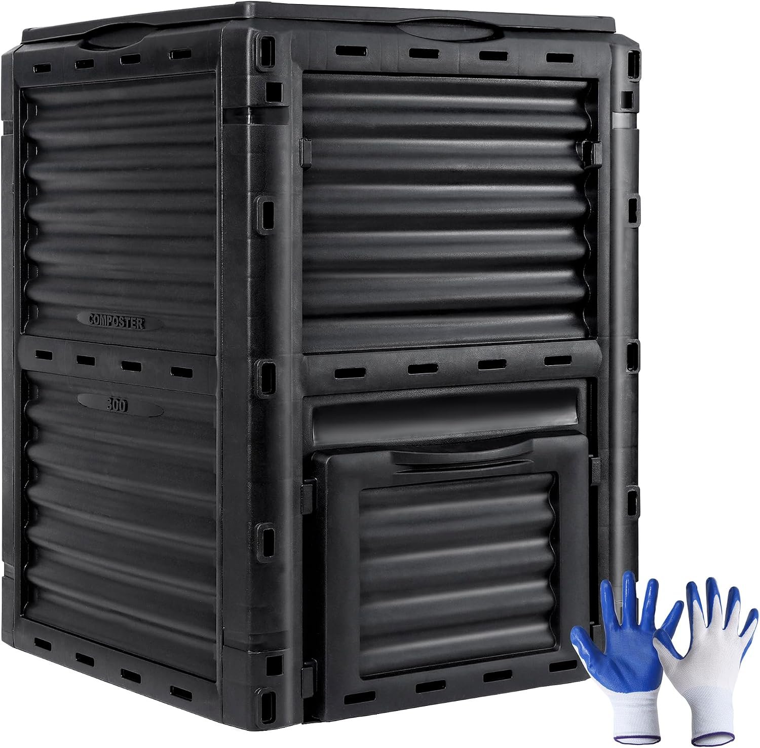 JupiterForce Garden Compost Bin 80 Gallon (300 L) from BPA Free Material, Large Composting Bin Outdoor Composter with Gloves, Easy Assembling, Fast Creation of Fertile Soil, Lightweight, Black