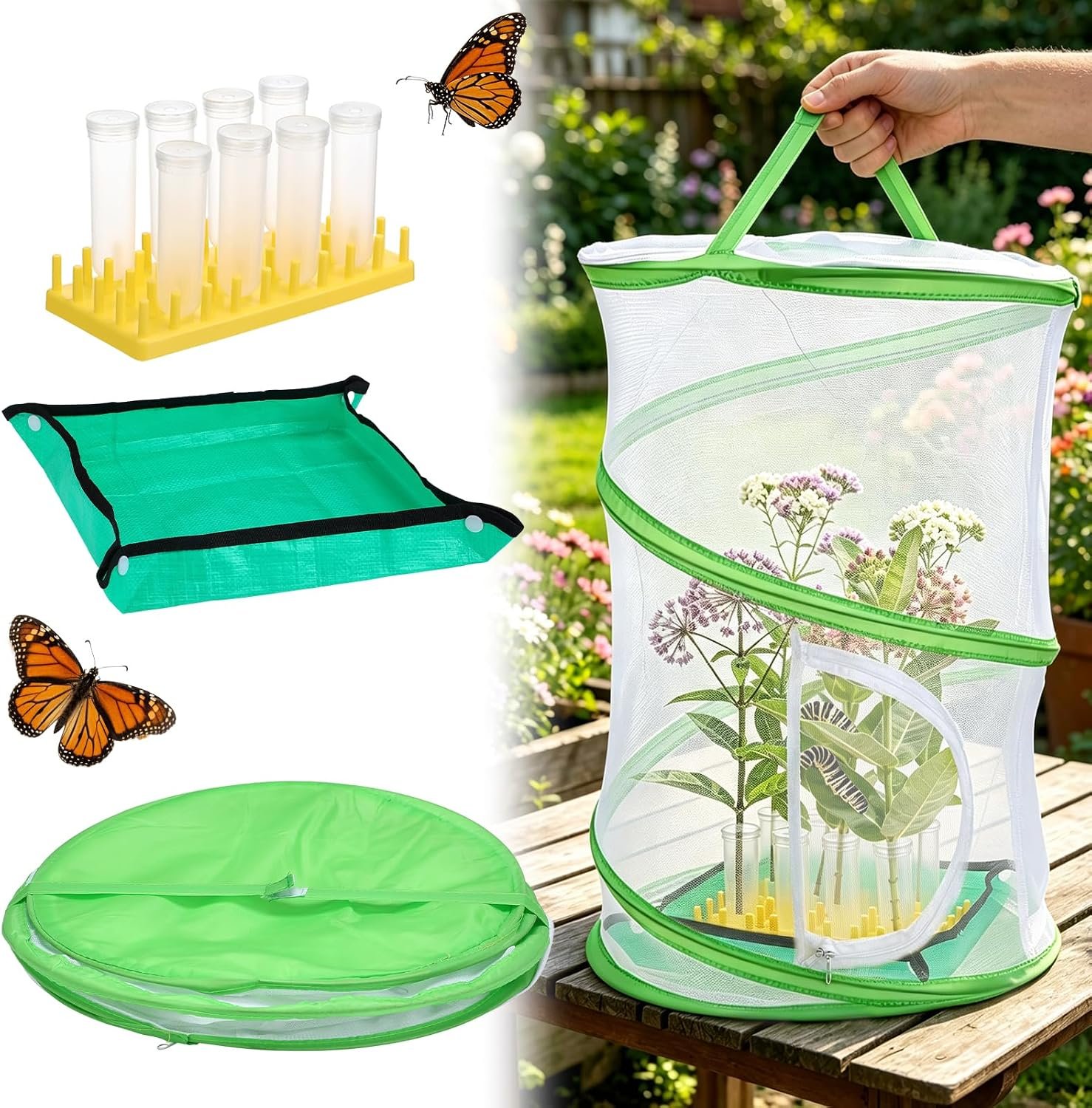 Complete Butterfly Habitat Kit – 14″ W x 20″ H Large Collapsible Mesh Growing Cage & Hydroponic Feeding Tubes/Rack Holder & Messproof Mat & Guide, Easy to Set Up, Monarch Caterpillars Enclosure House