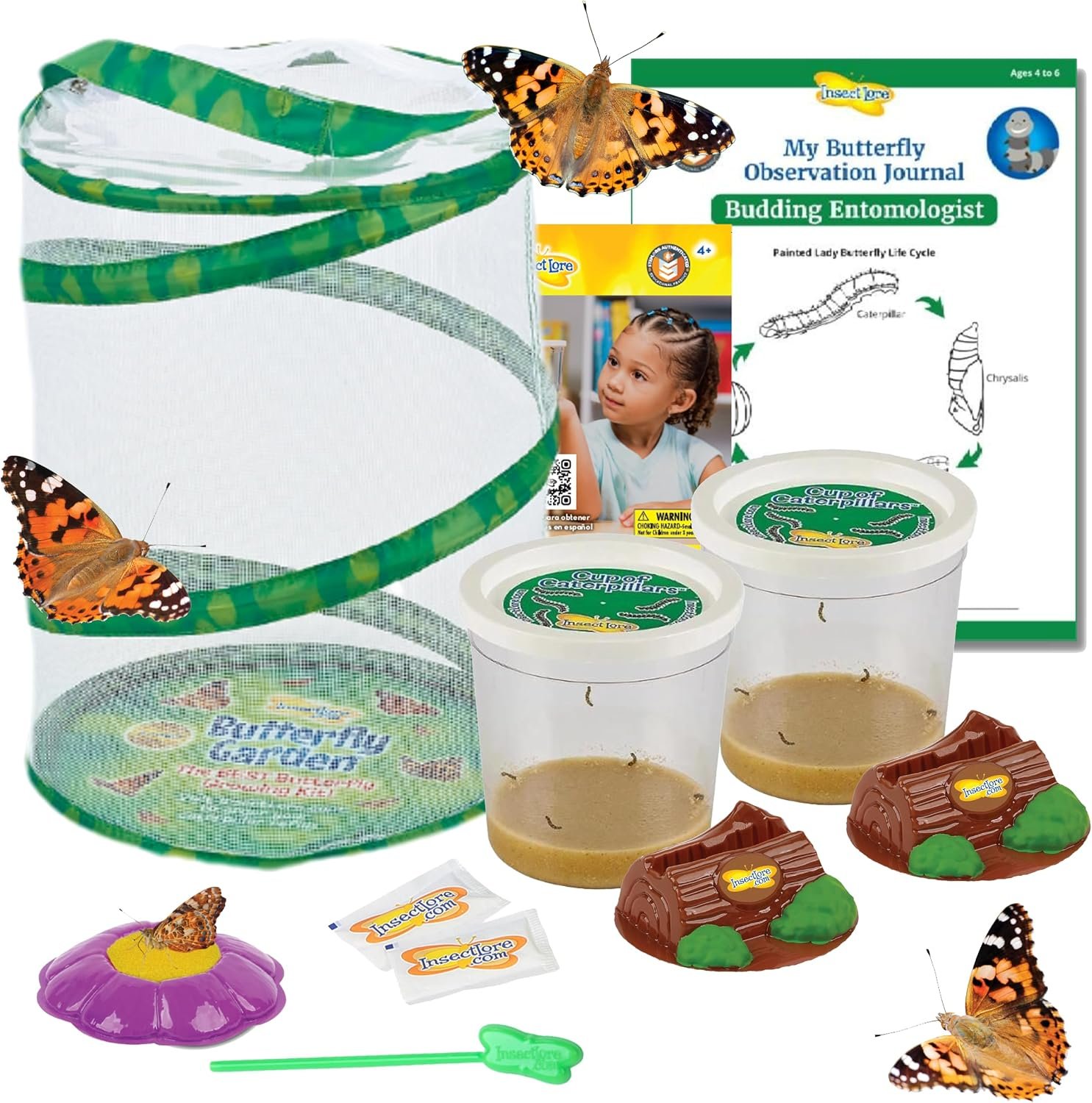 Insect Lore Butterfly Garden with 10 Live Baby Caterpillars – Habitat, Feeder, Chrys-A-Lid Holders, STEM Activity Journal – Raise and Release Painted Lady Butterflies