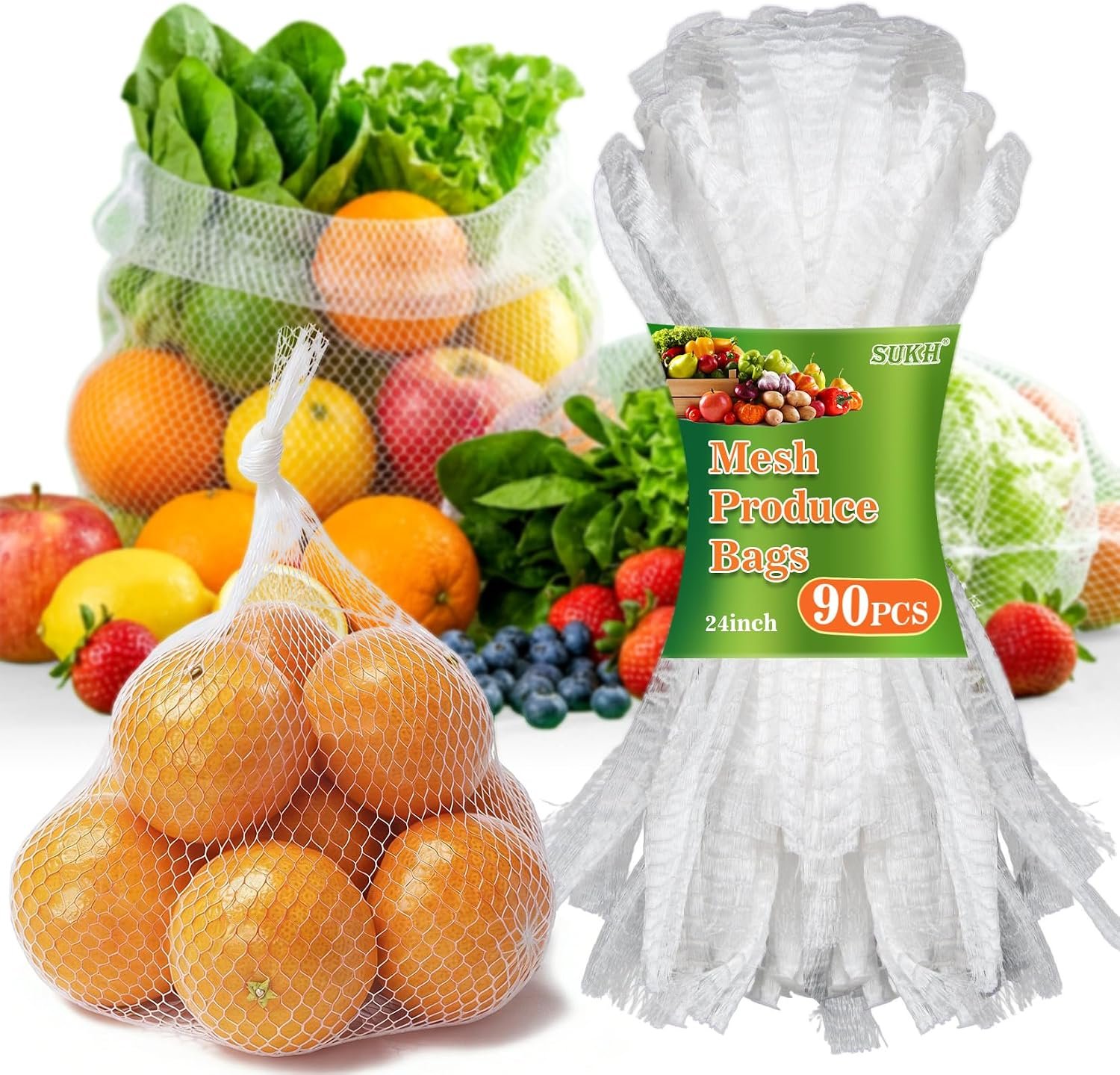 Sukh 90Pcs Mesh Produce Bags – Reusable Seafood Boil Bags 24 Inch | Seafood Mesh Bags for Clam, Crab, Crawfish, White Boiling Bag Net for Vegetables, Potatoes, Eggs, Fruit