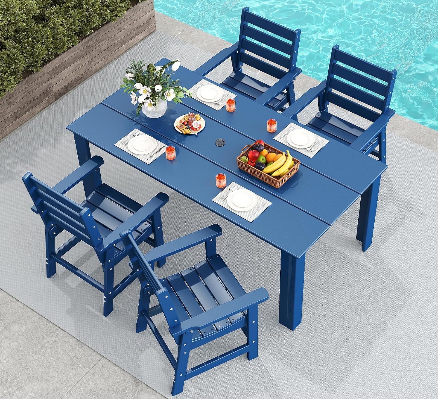 GREENVINES 5-piece Outdoor Dining Set, HDPE Table & 6 Chairs, Blue | Heavy Duty Patio Furniture | All Weather | w/ Umbrella Hole | Waterproof | Low Maintenance for Deck Garden & Backyard