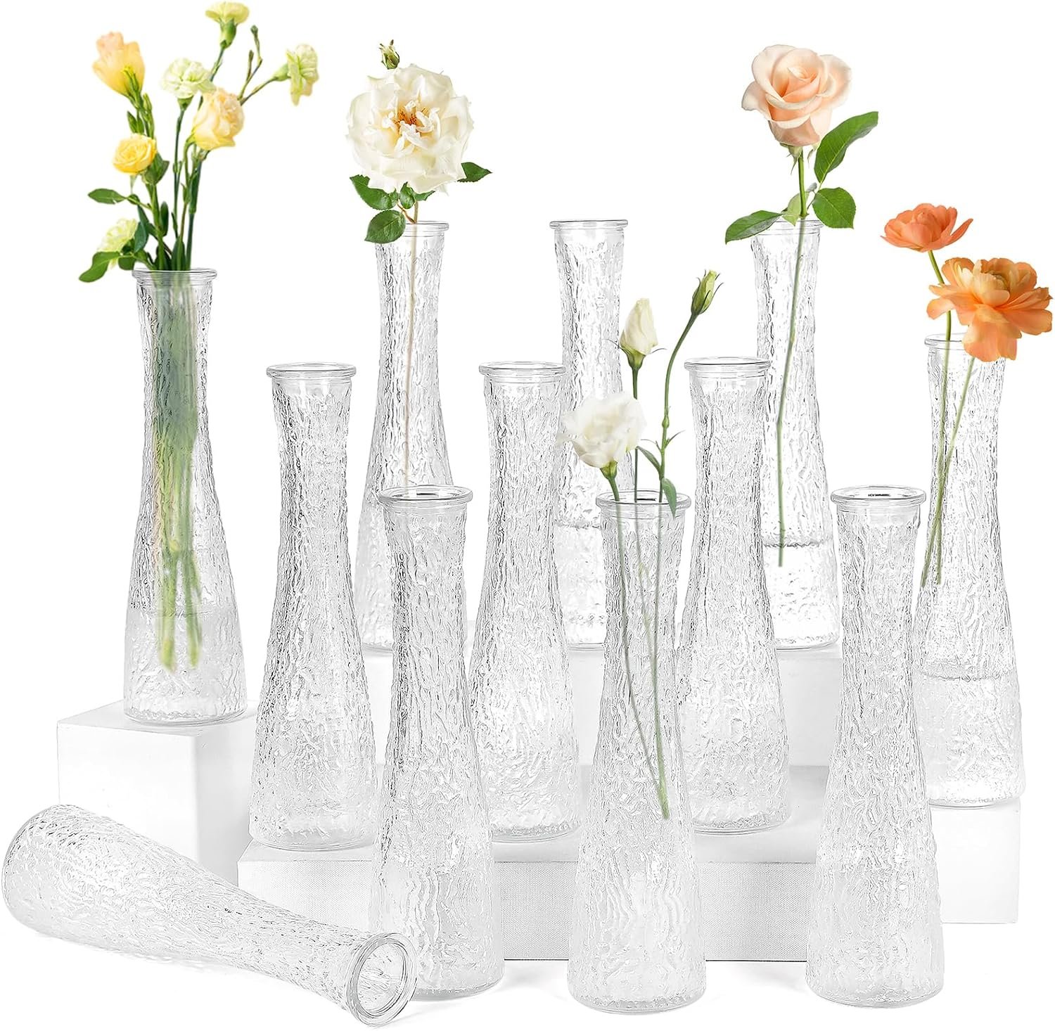 Glass Bud Vases Bulk 12 Pcs – Clear Water Ripple Wedding Centerpiece Vases | Vases for centerpieces, Small Flower Vases for Table Decor, Party Events & Home Decor