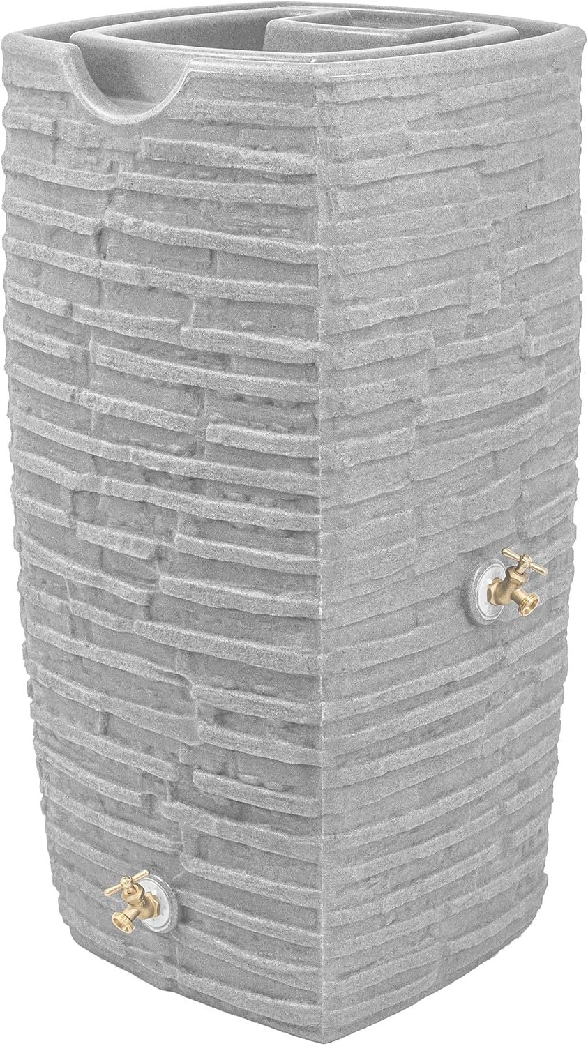 Impressions Riverwalk Rain Water Collection Barrel, 50 Gallon | Light Granite Faux Slate Rock Rainwater Catcher, Plastic Storage Drum with Dual Robust Metal Spigots & Fine Mesh Screen
