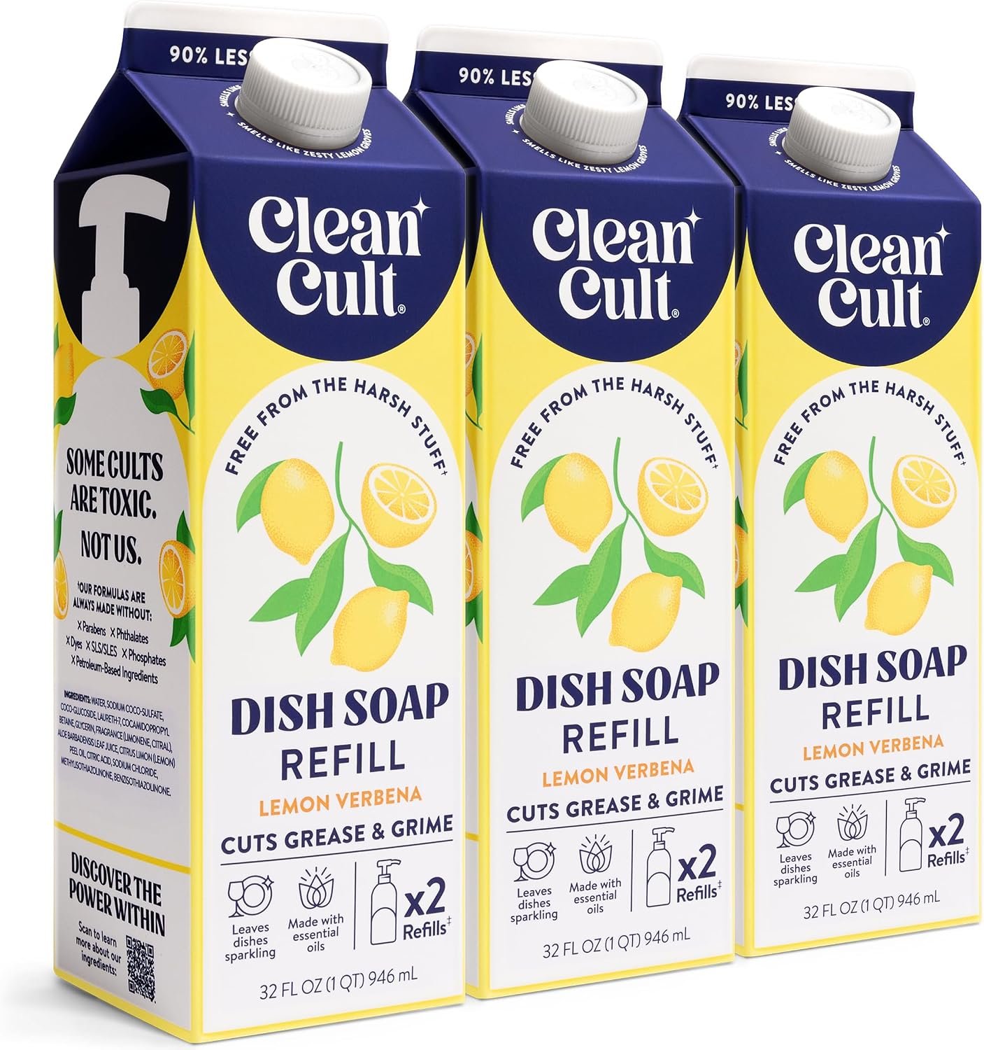 Cleancult Dish Soap Liquid Refills – Plant Based Cleaning Power – Cuts Grease & Grime – Free of Harsh Chemicals – Uses 90% Less Plastic – Lemon Verbena – 32 oz/3 Pack
