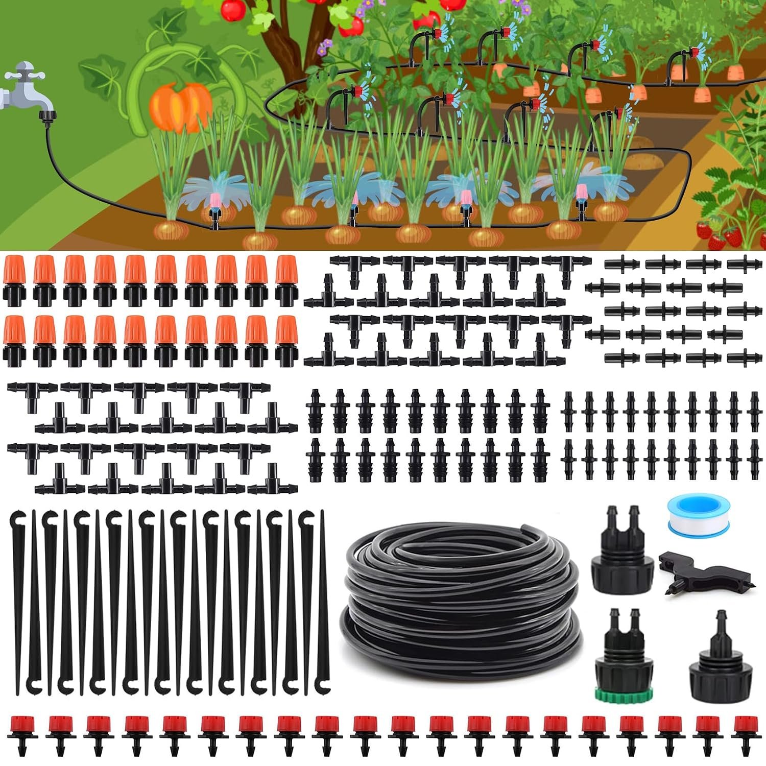 Drip Irrigation Kit, Drip Irrigation System for Garden with 1/4″ Irrigation Tubing DIY Saving Water Automatic Watering System for Garden, Greenhouse, Flower Bed, Patio, Lawn