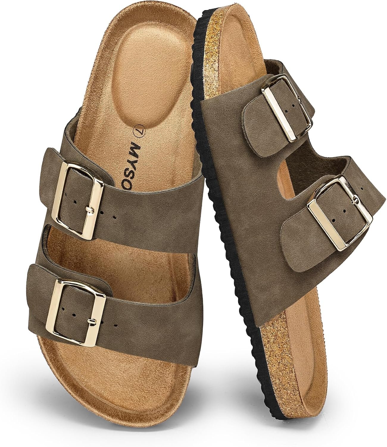 mysoft Womens Flat Sandals Cork Footbed Slides with 2 Straps | Adjustable Buckle Slip On Comfortable Casual Light Weight Summer sandals